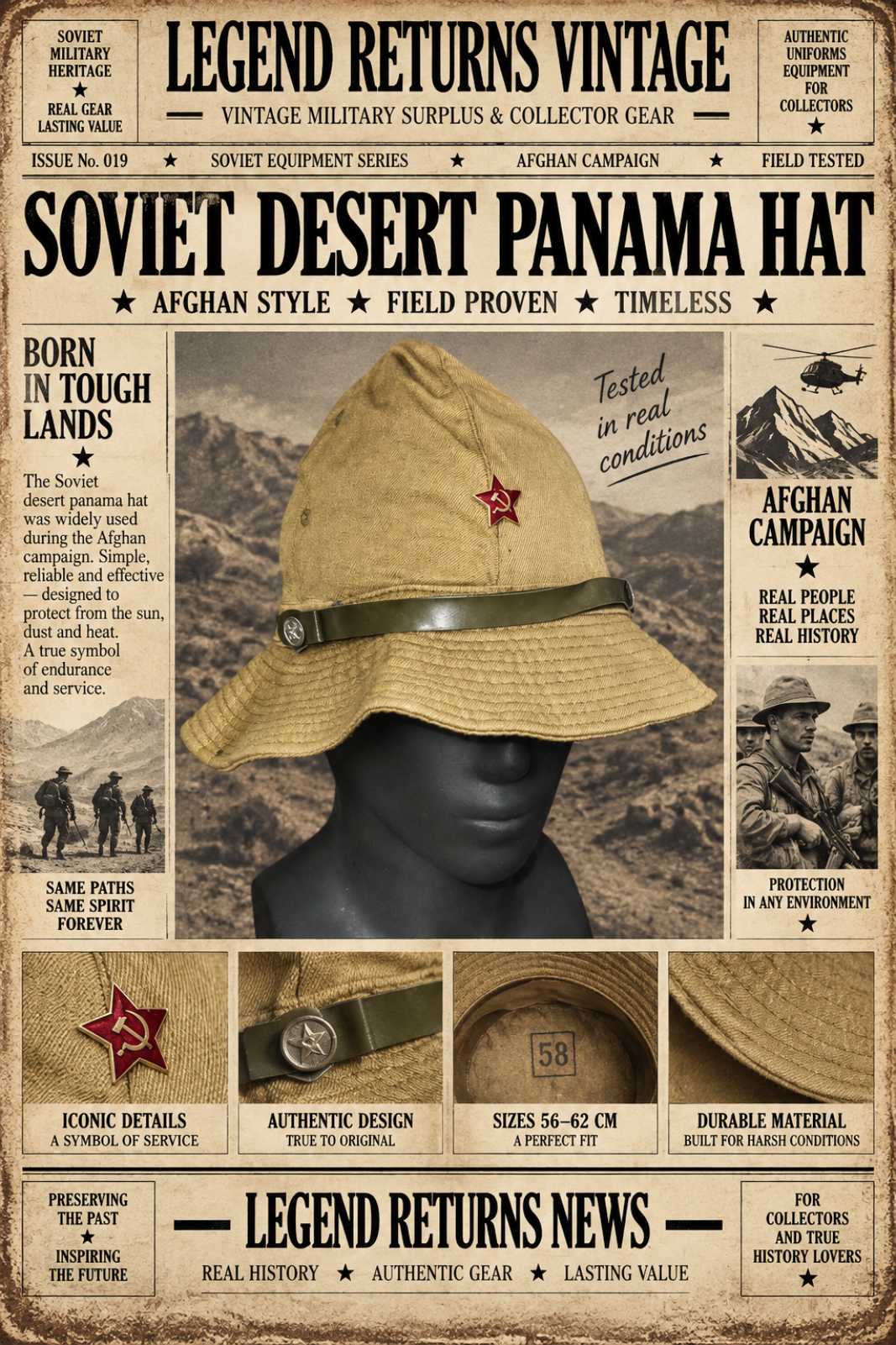 Legend Returns Vintage Soviet USSR desert Panama hat in sand color with a wide brim