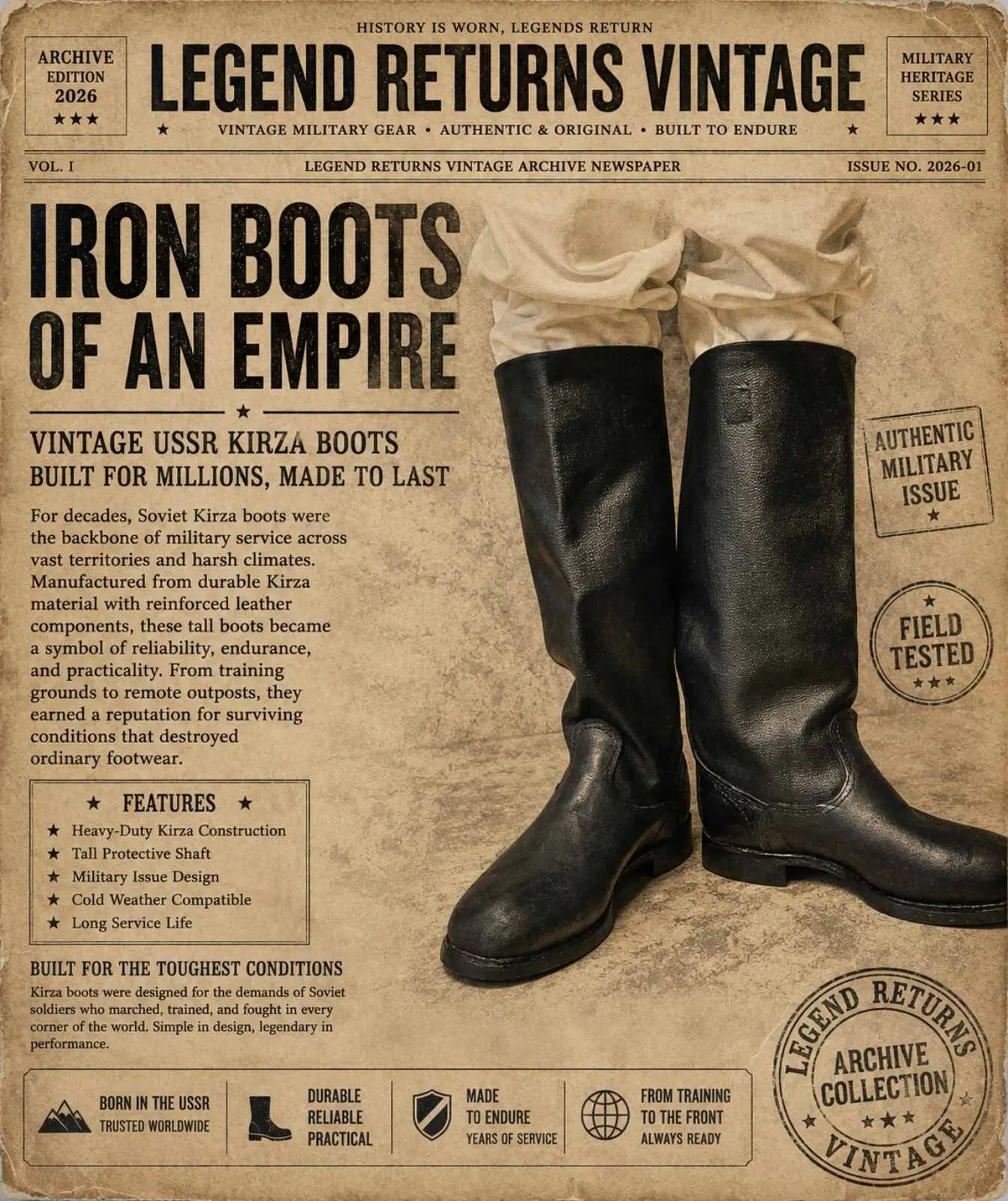 Legend Returns Vintage tall Soviet Kirza boots from the USSR, classic black military footwear with traditional high-shaft design