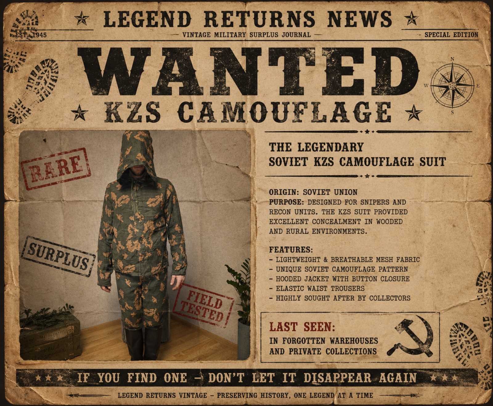 Legend Returns Vintage Soviet KZS camouflage suit history wanted poster