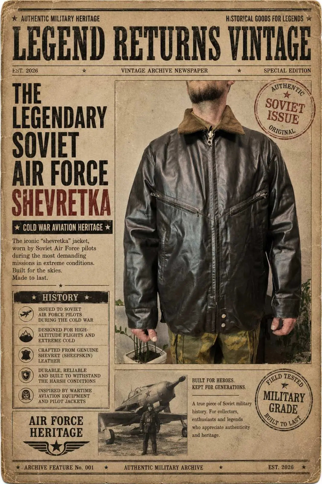 Legend Returns Vintage Soviet Air Force Shchevretka leather flight jacket, iconic USSR aviation outerwear worn by military pilots