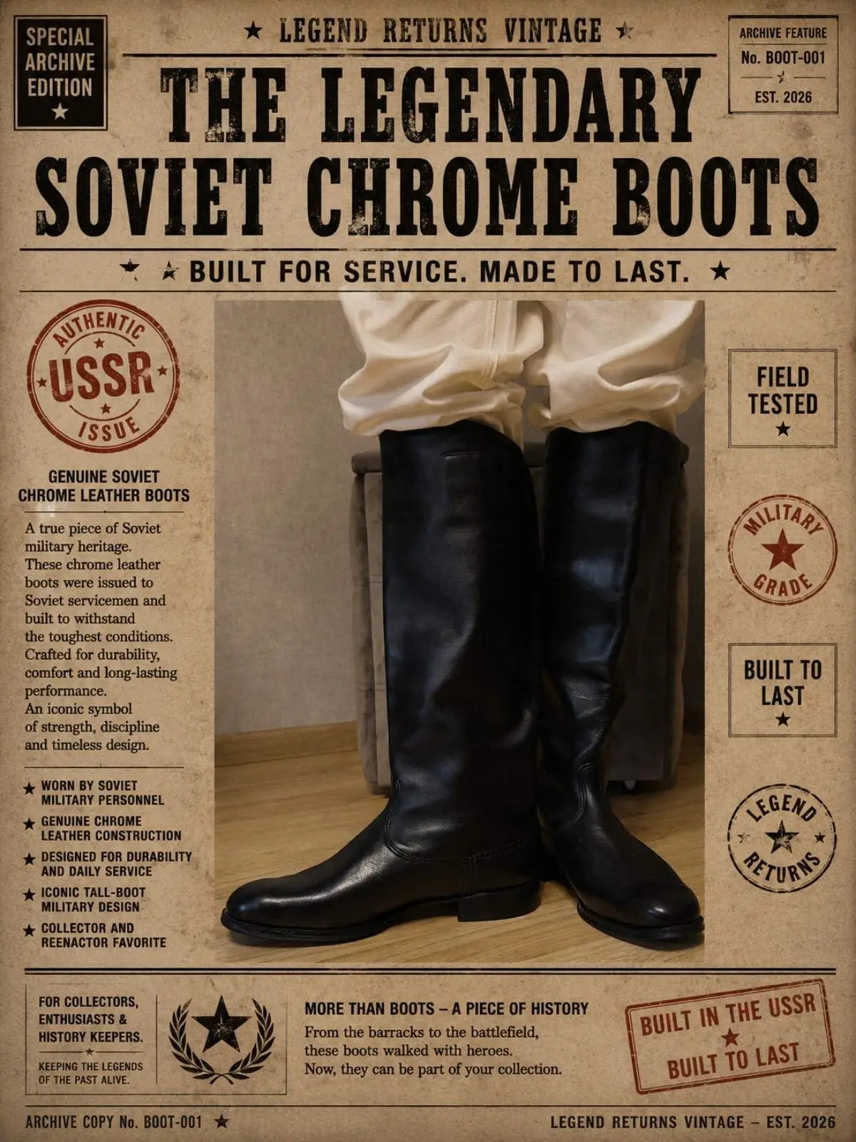 Legend Returns Vintage Soviet chrome leather boots from the USSR, authentic RKKA military footwear with classic high-shaft design