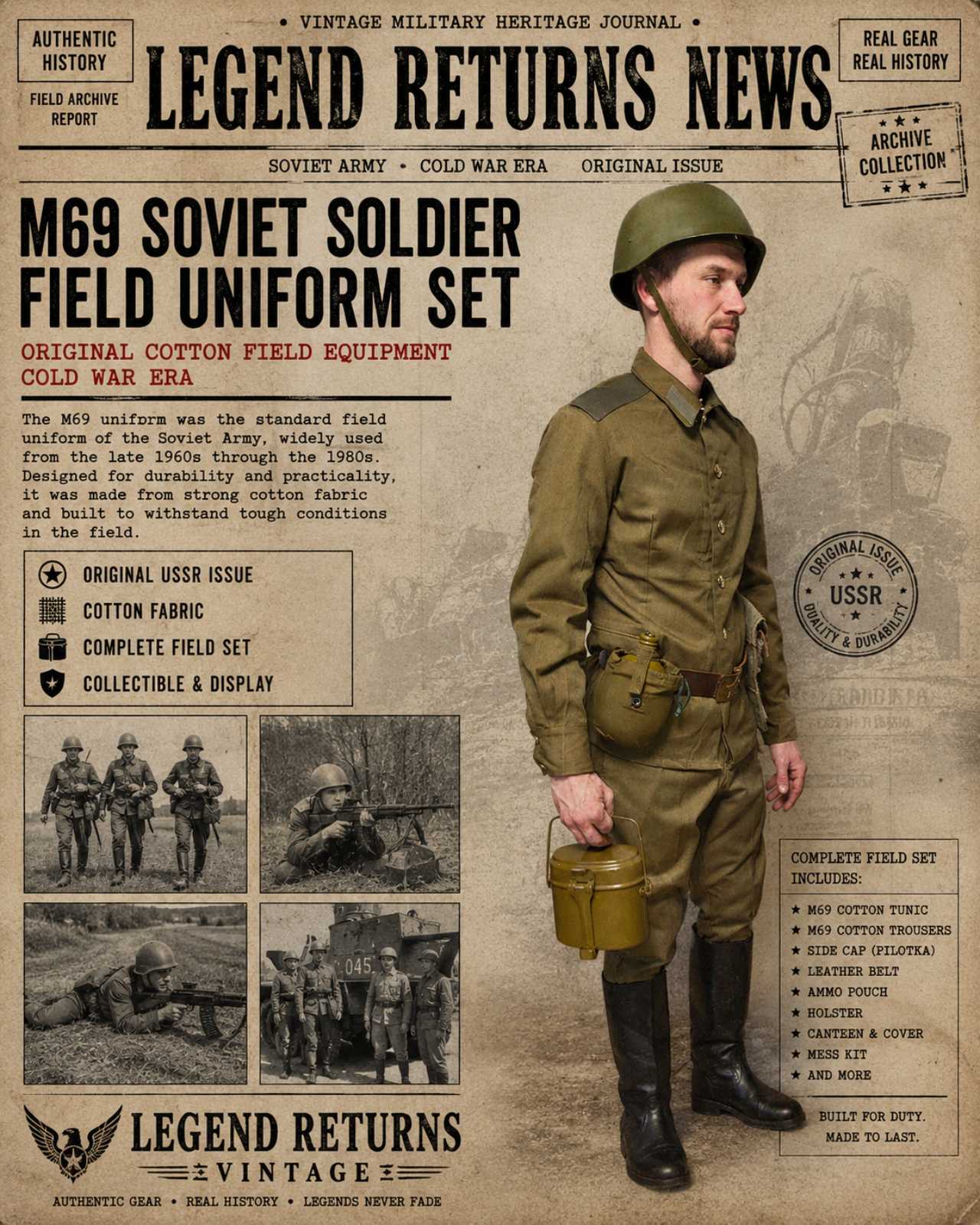 Legend Returns Vintage authentic Soviet M69 cotton uniform set from the USSR, complete field outfit with classic vintage military gear