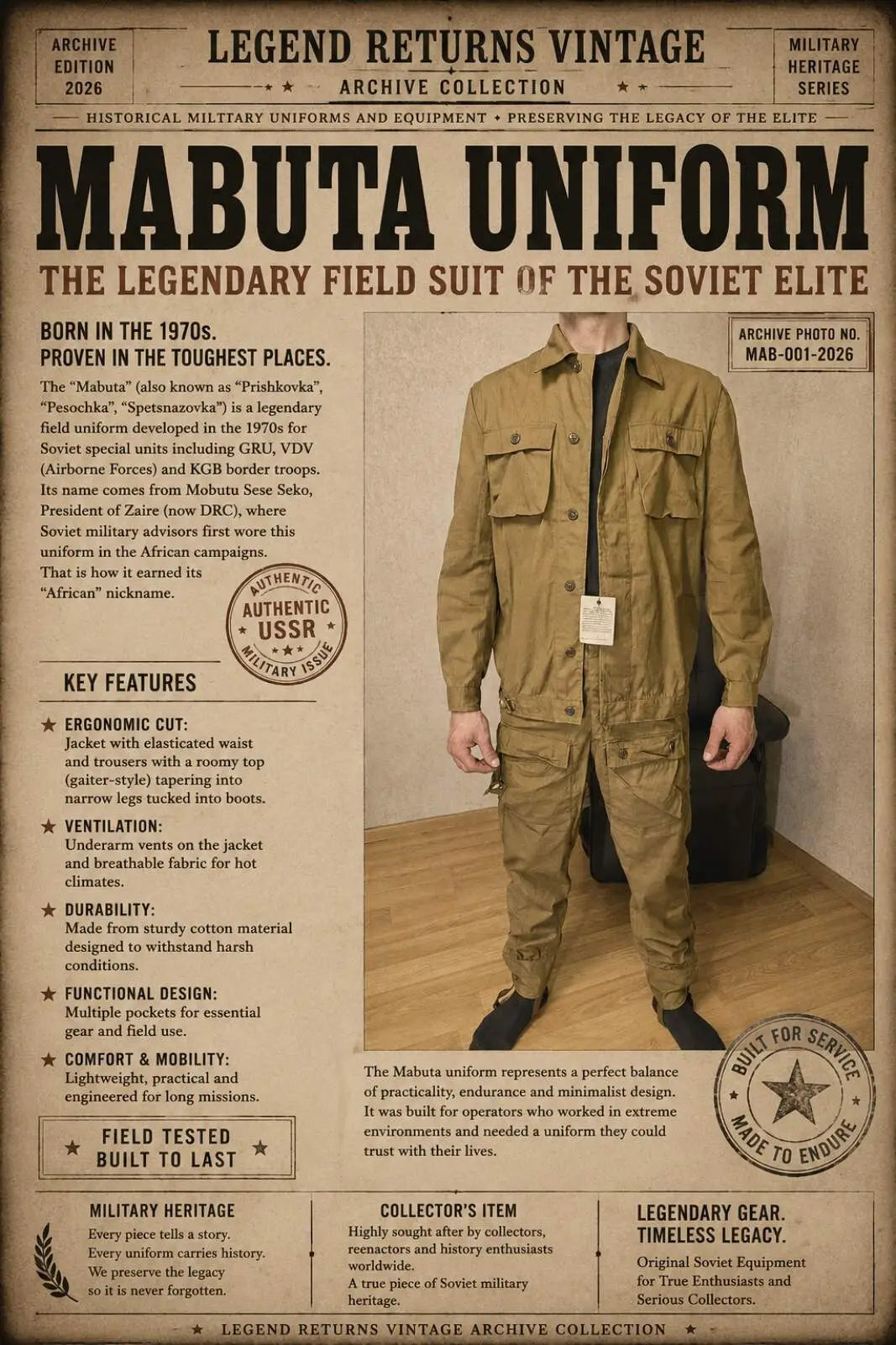 Legend Returns Vintage Soviet Mabuta uniform from the USSR, iconic field clothing associated with Soviet special forces and military personnel