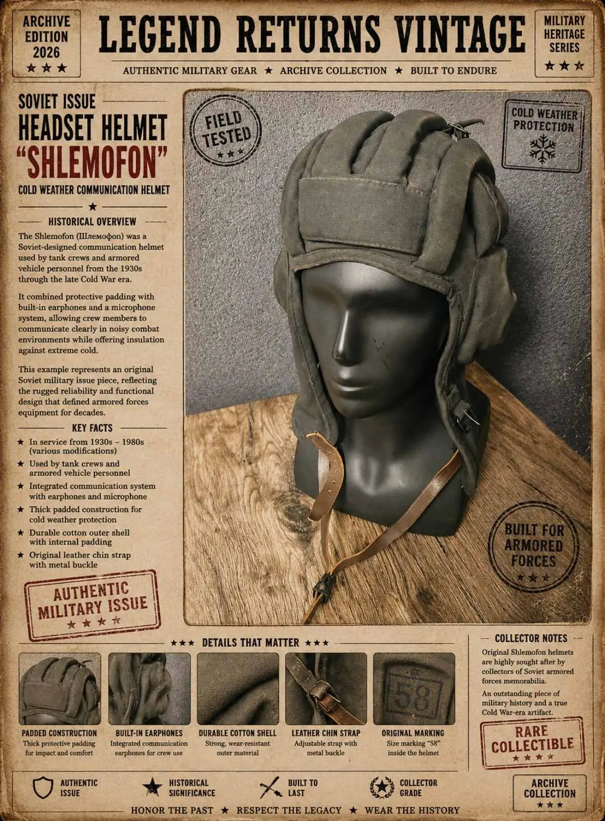 Legend Returns Vintage authentic Soviet tank crew helmet from the USSR, iconic padded tanker headgear with integrated communication system