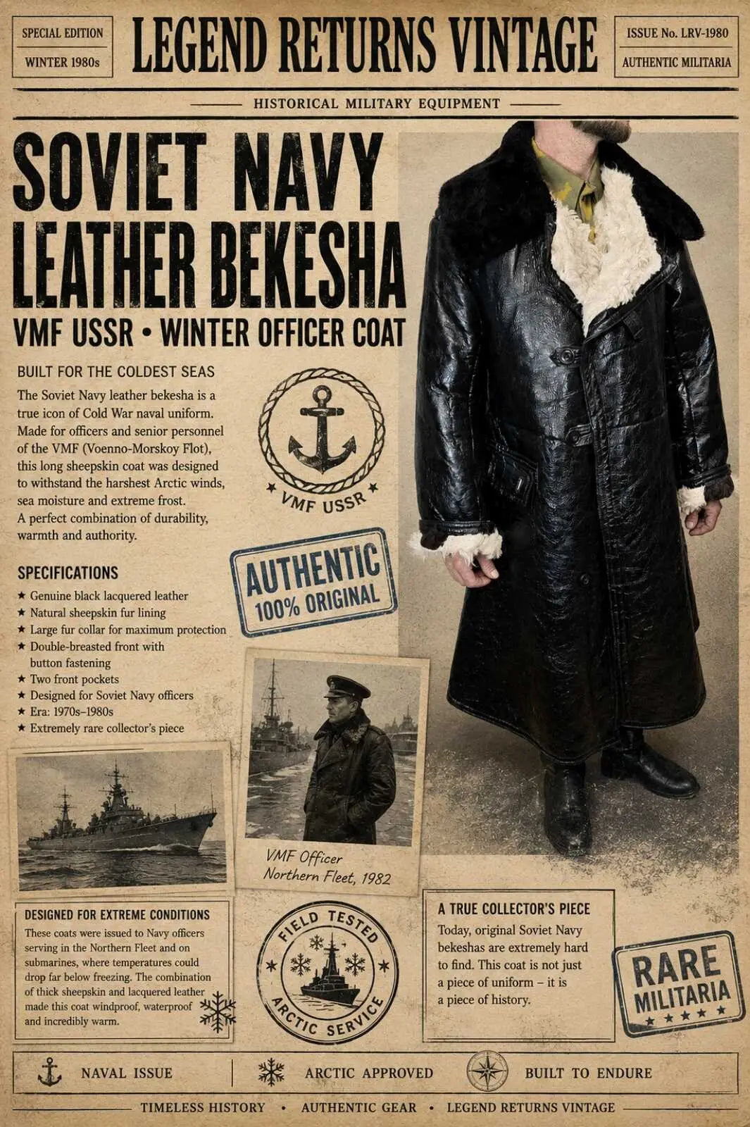 Legend Returns Vintage authentic Soviet naval Bekesha coat from the USSR, black winter sheepskin outerwear worn by VMF personnel
