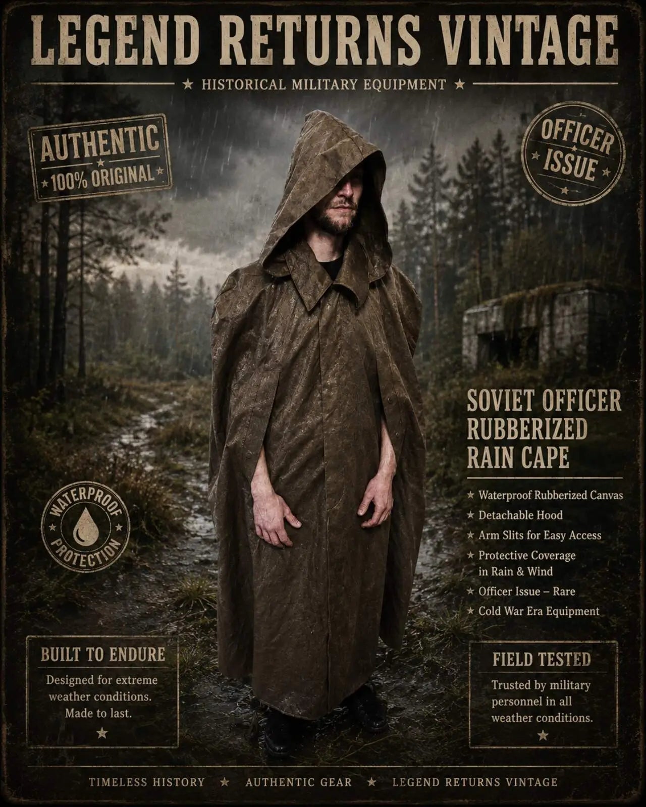 Legend Returns Vintage authentic Soviet rubberized canvas rain cape from the USSR, versatile waterproof field poncho with classic military design