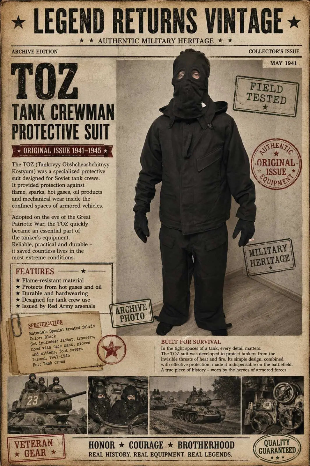 Legend Returns Vintage authentic Soviet tank crew winter suit from the USSR, complete black padded jacket and trousers designed for armored vehicle crews in cold weather