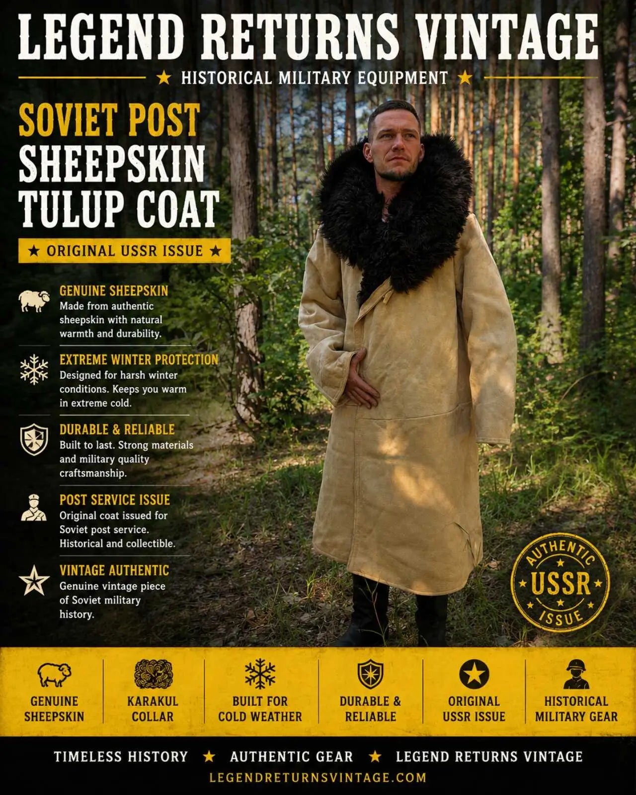 Legend Returns Vintage authentic Soviet Karakul Tulup from the USSR, long winter sheepskin coat with universal fit and classic cold-weather design