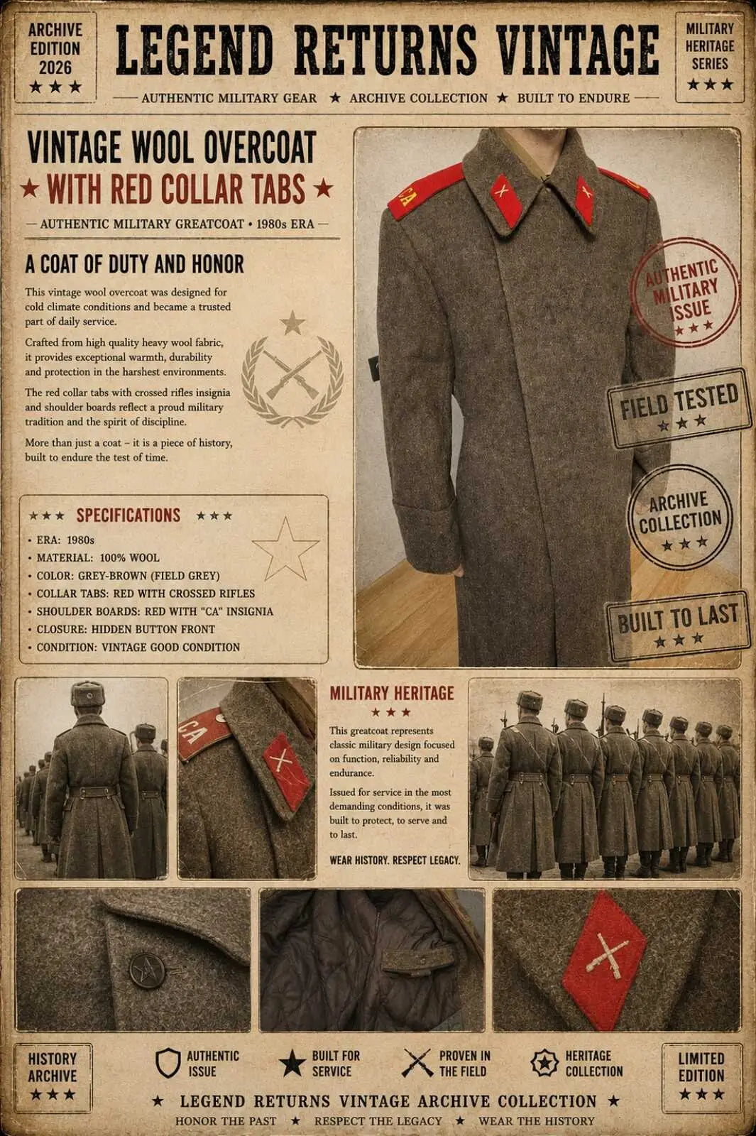 Legend Returns Vintage authentic Soviet wool overcoat from the USSR, classic khaki officer coat with epaulettes and red collar tabs from the 1980s