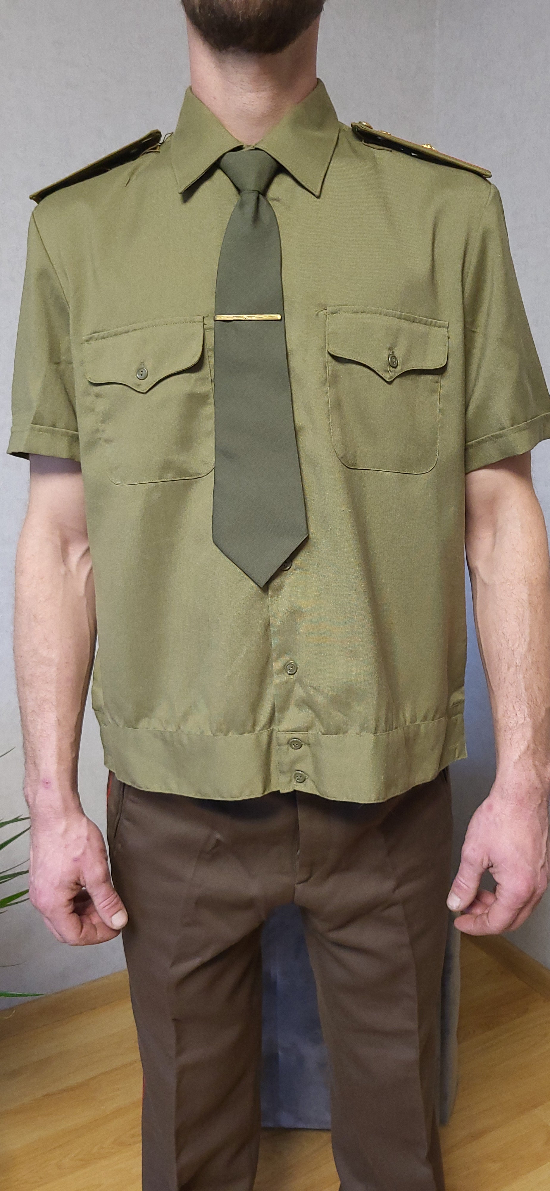 Authentic Vintage Soviet Khaki Dress Shirt Short Sleeve Set with Tie