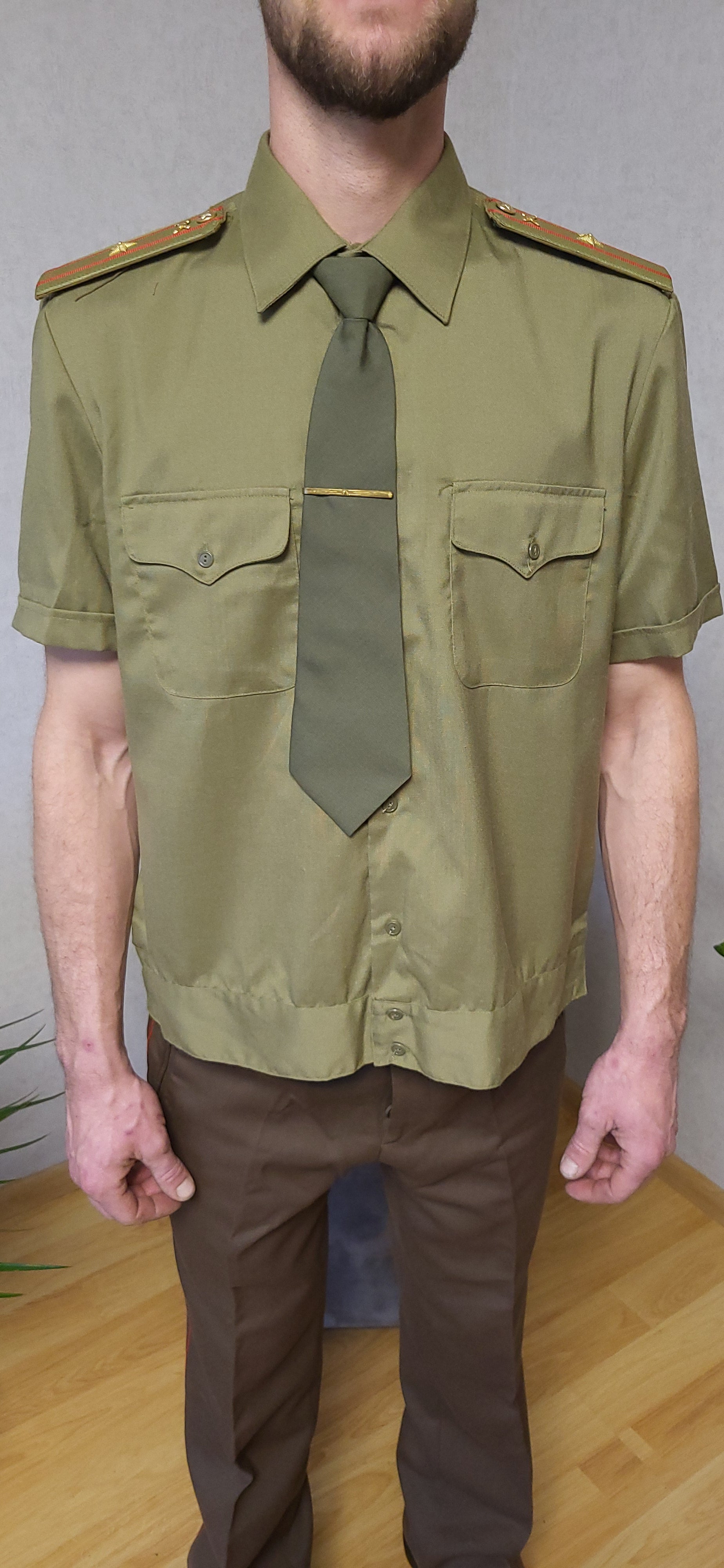 Authentic Vintage Soviet Khaki Dress Shirt Short Sleeve Set with Tie