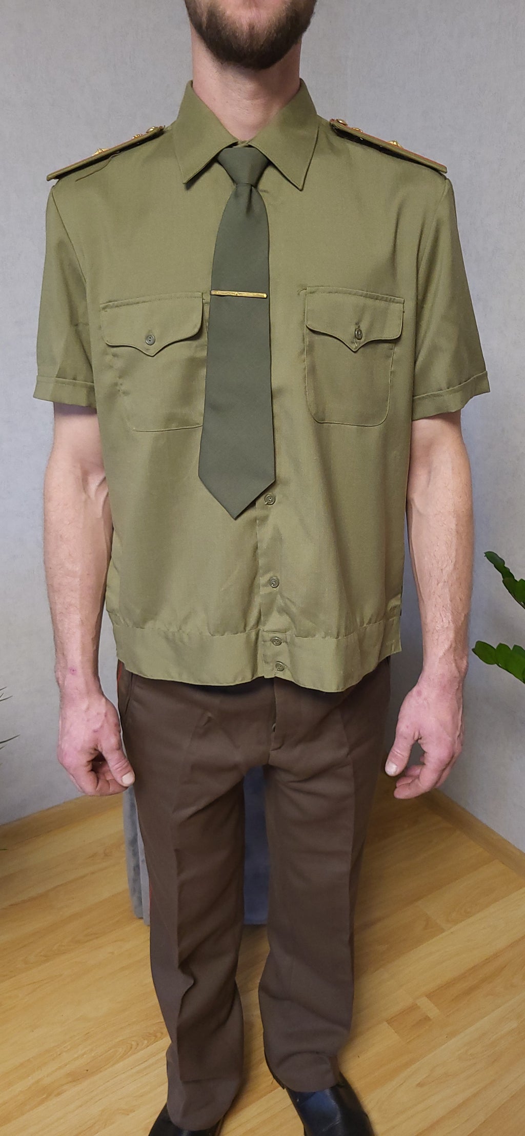 Authentic Vintage Soviet Khaki Dress Shirt Short Sleeve Set with Tie