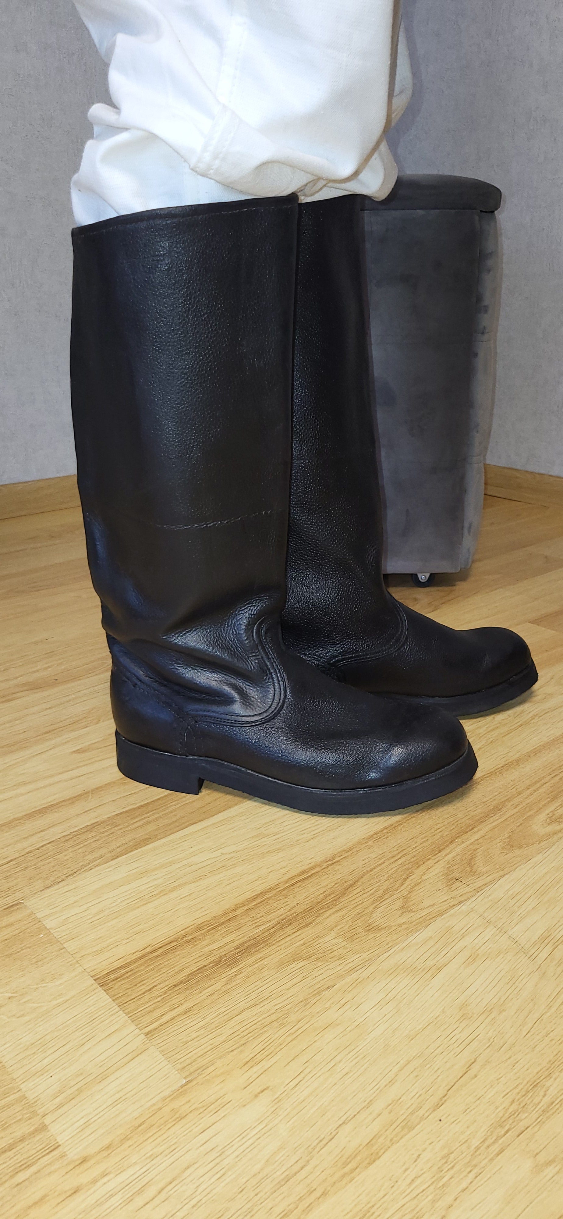 Vintage Soviet Yuft Leather Tall Boots USSR Micropore Sole Black Boots
