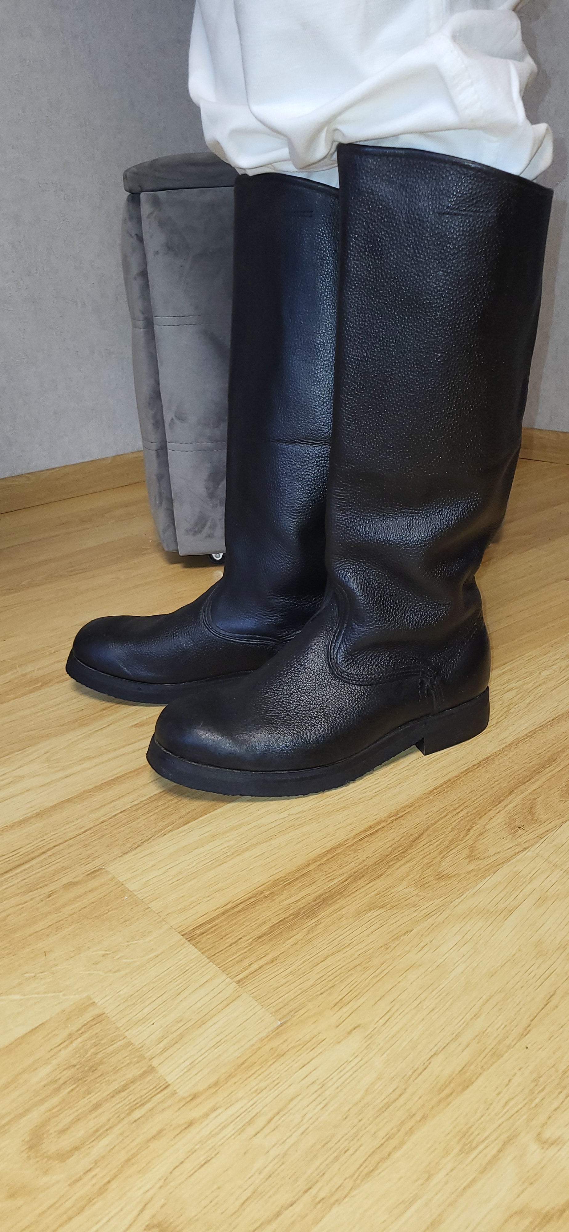 Vintage Soviet Yuft Leather Tall Boots USSR Micropore Sole Black Boots