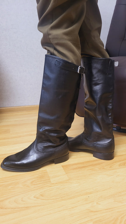 Original Soviet Chrome Leather Tall Boots with Side Buckle