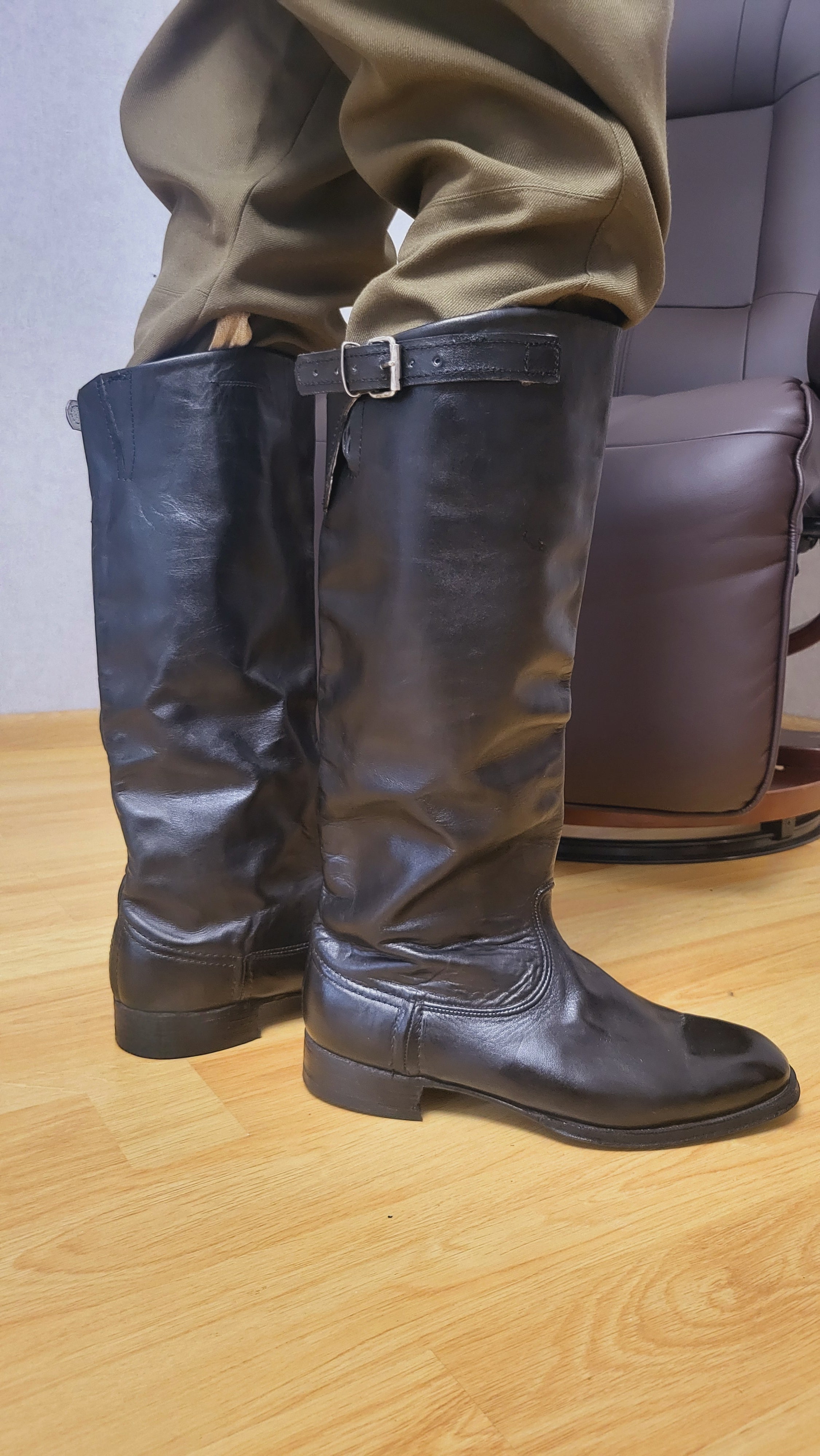Original Soviet Chrome Leather Tall Boots with Side Buckle
