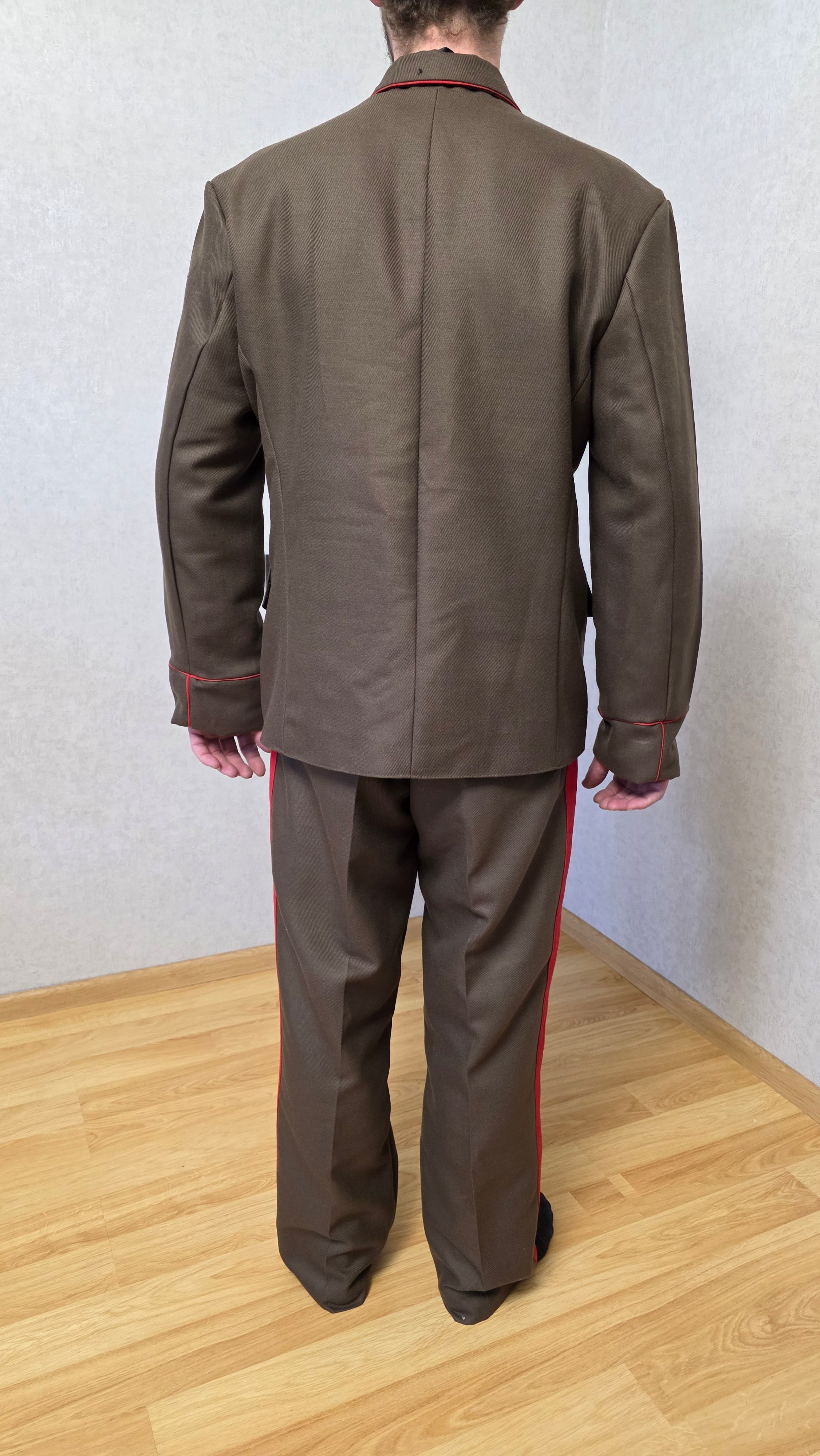 Vintage Soviet General Officer Ceremonial Dress Set from the USSR period, presented in classic khaki tone with a structured double-breasted jacket and matching red stripe trousers.