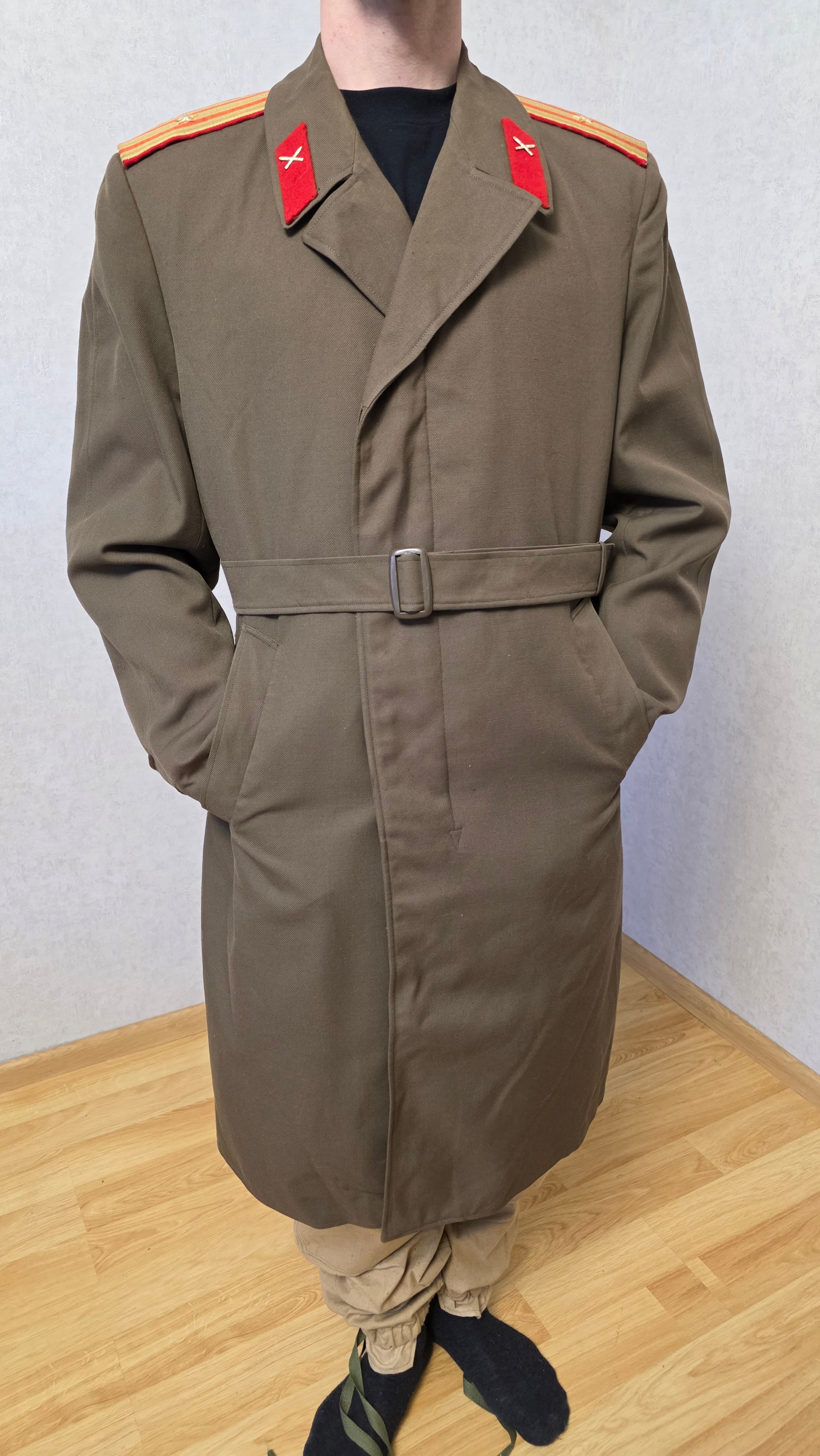 Vintage USSR Khaki Wool Blend Overcoat with Epaulettes, 1980s