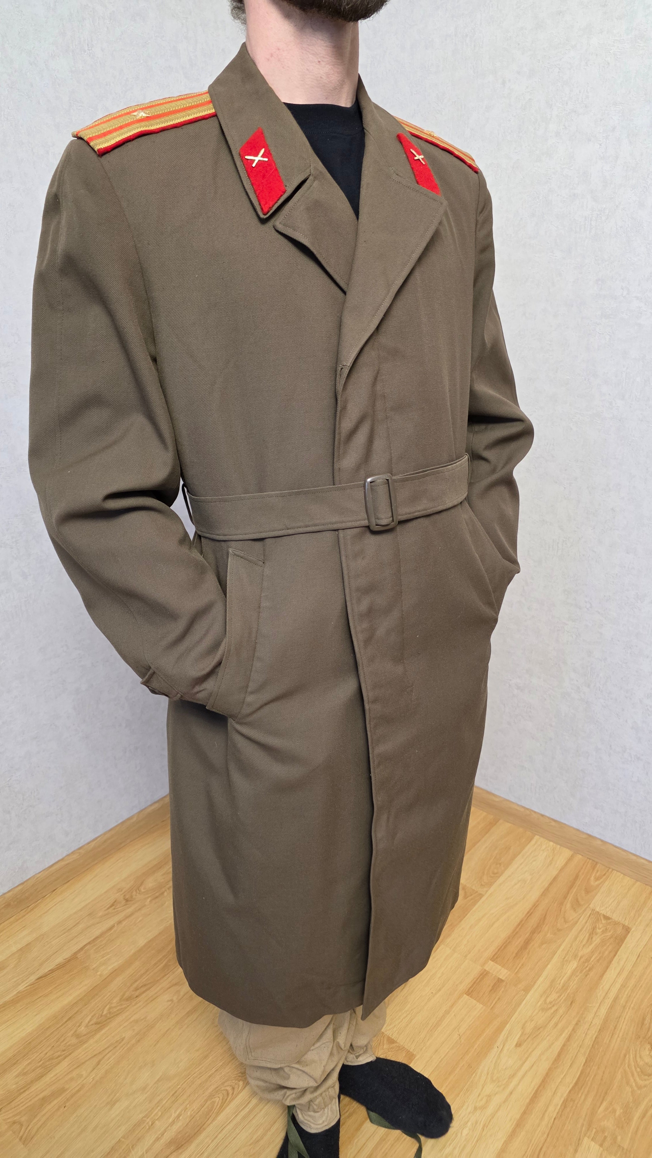 Vintage USSR Khaki Wool Blend Overcoat with Epaulettes, 1980s