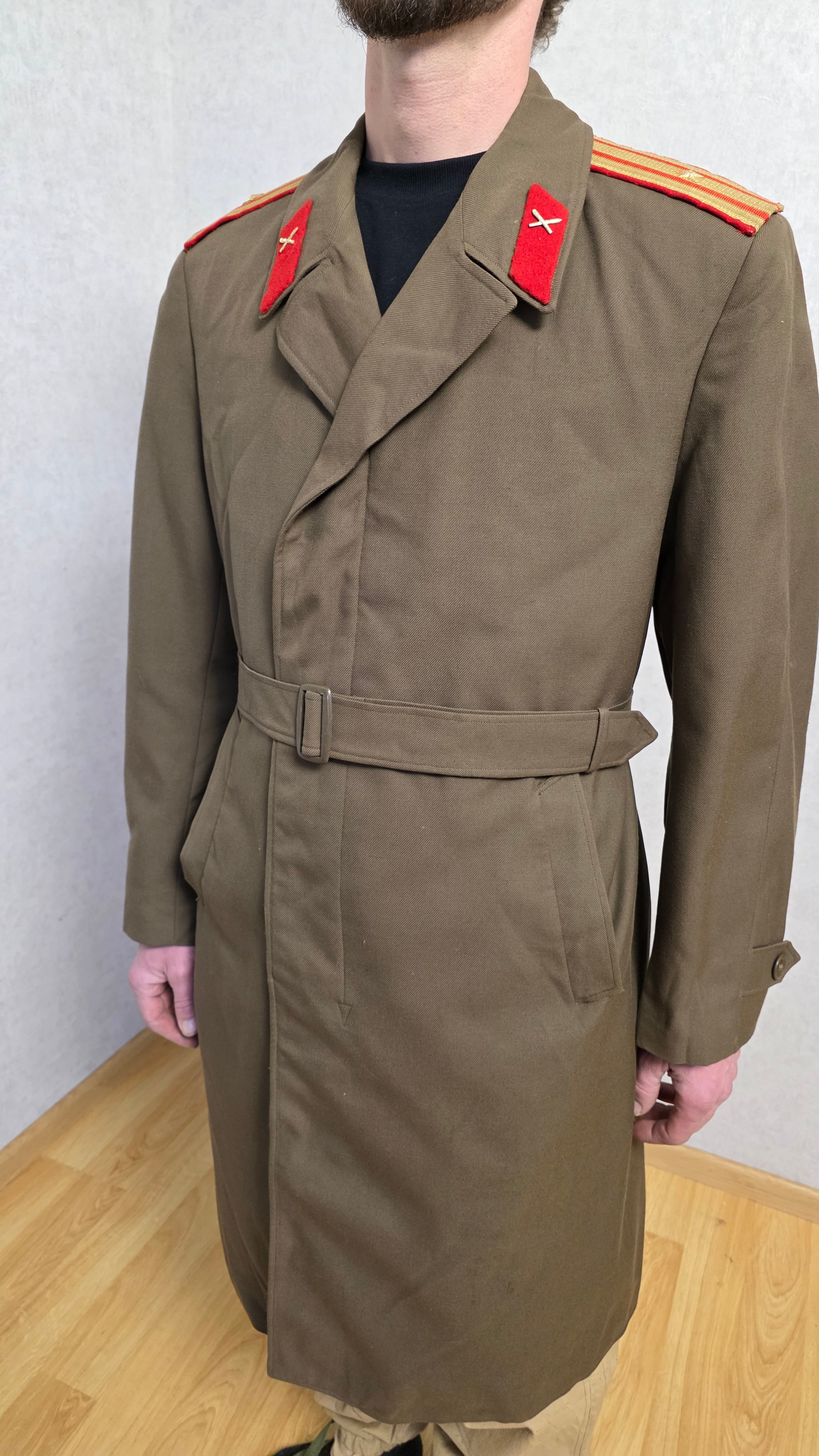 Vintage USSR Khaki Wool Blend Overcoat with Epaulettes, 1980s