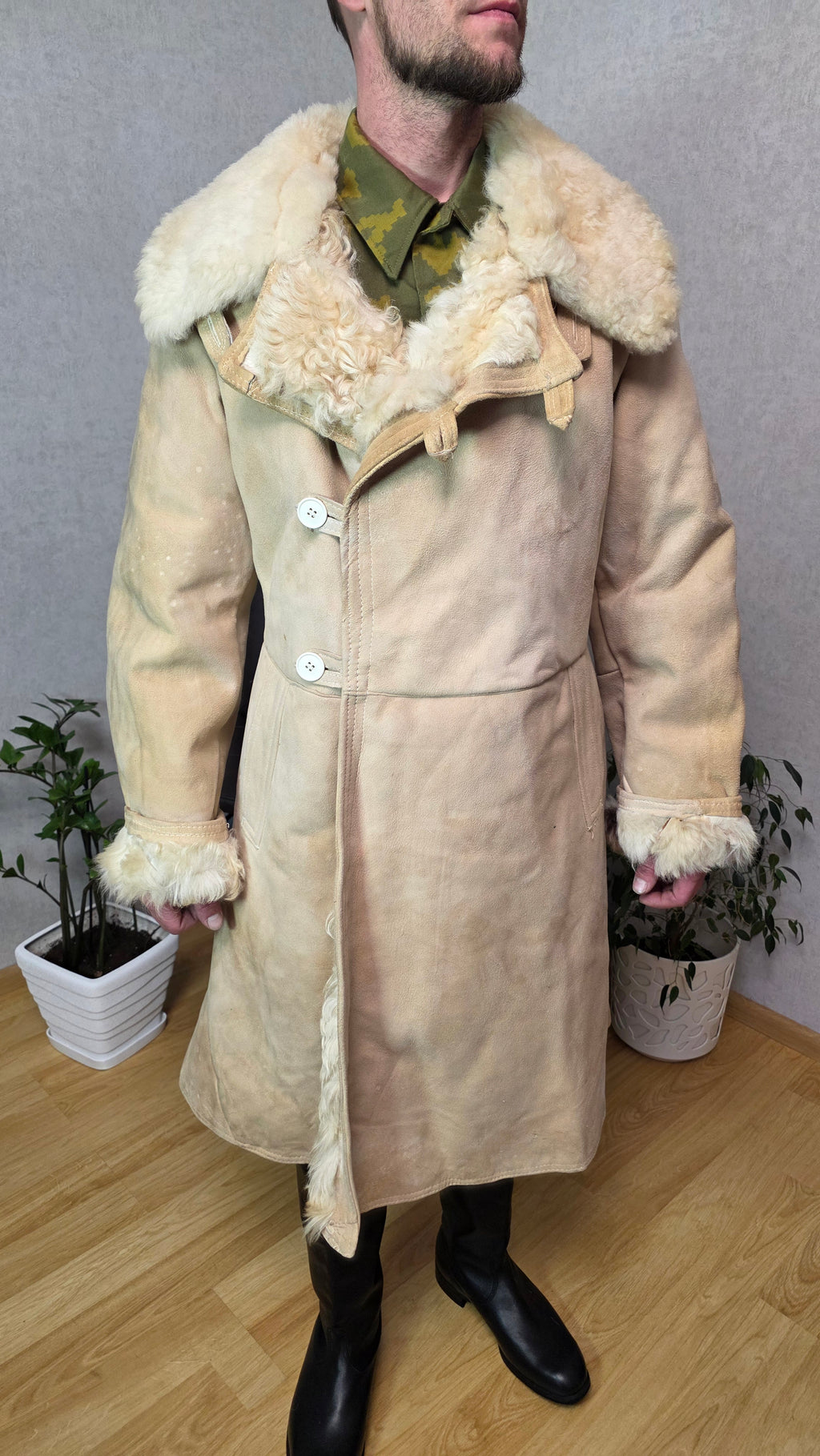 Soviet Bekesha Sheepskin Coat USSR Winter Officer Shearling Jacket