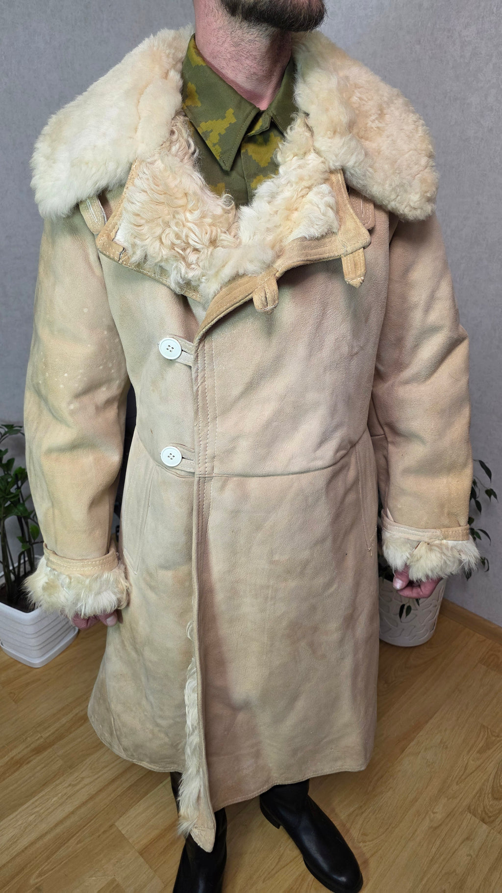 Soviet Bekesha Sheepskin Coat USSR Winter Officer Shearling Jacket