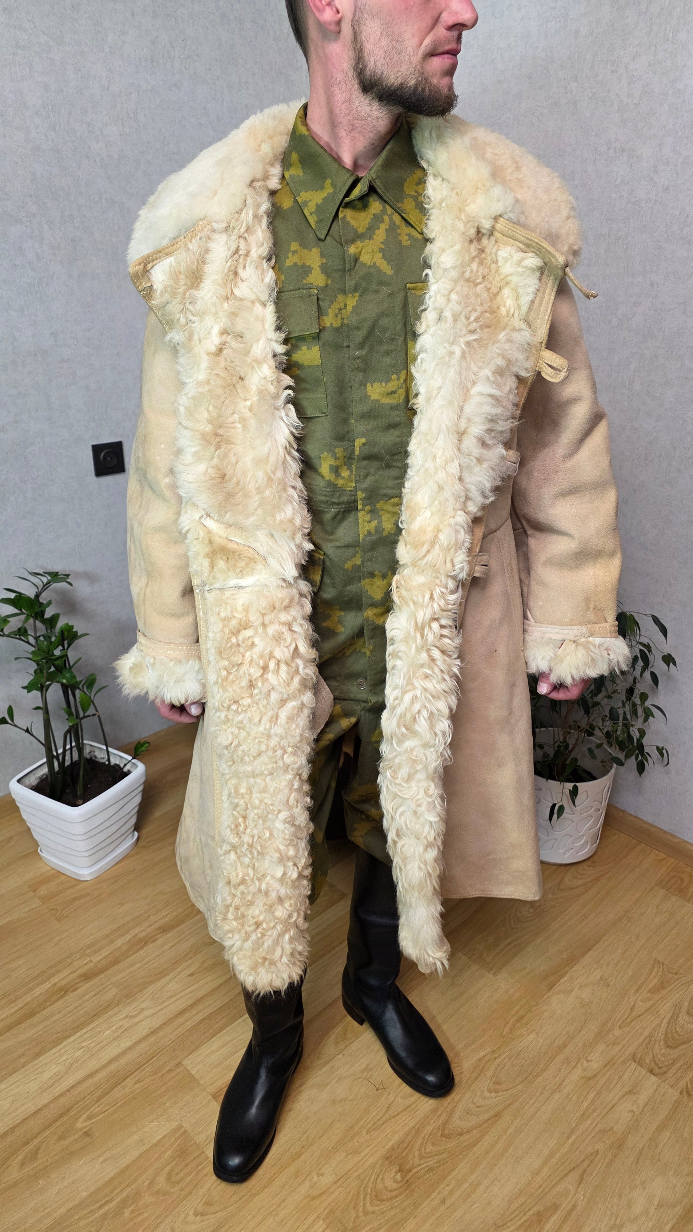 Soviet Bekesha Sheepskin Coat USSR Winter Officer Shearling Jacket