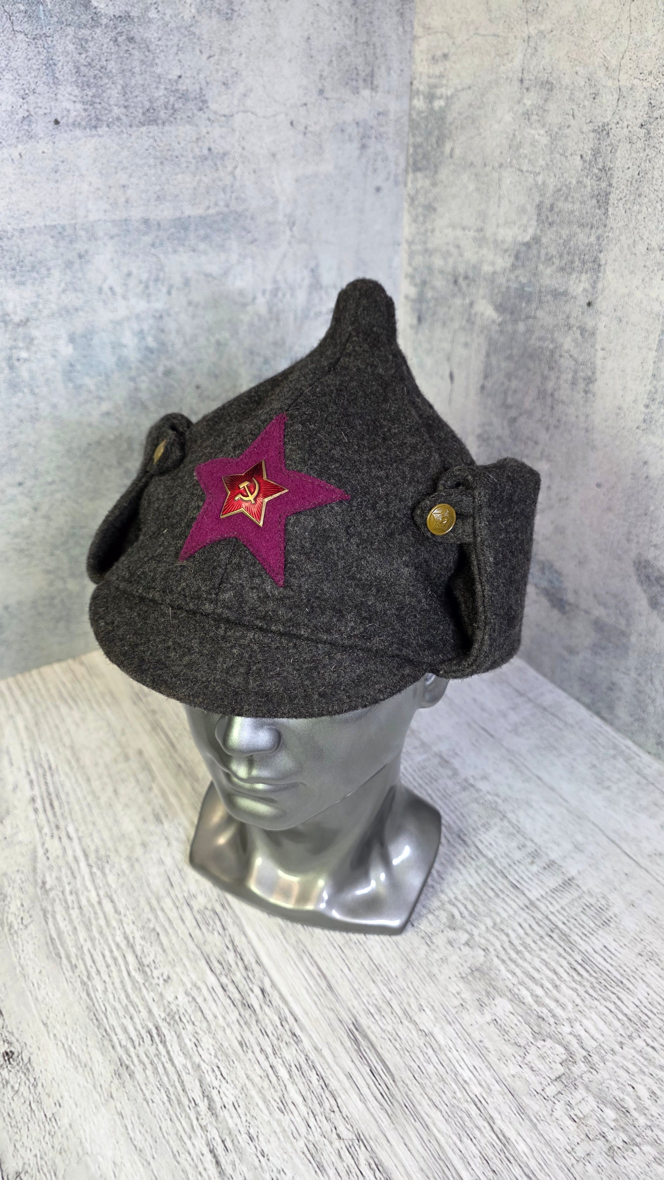 USSR Brown Budenovka Cap Vintage Soviet Winter Wool Helmet Hat