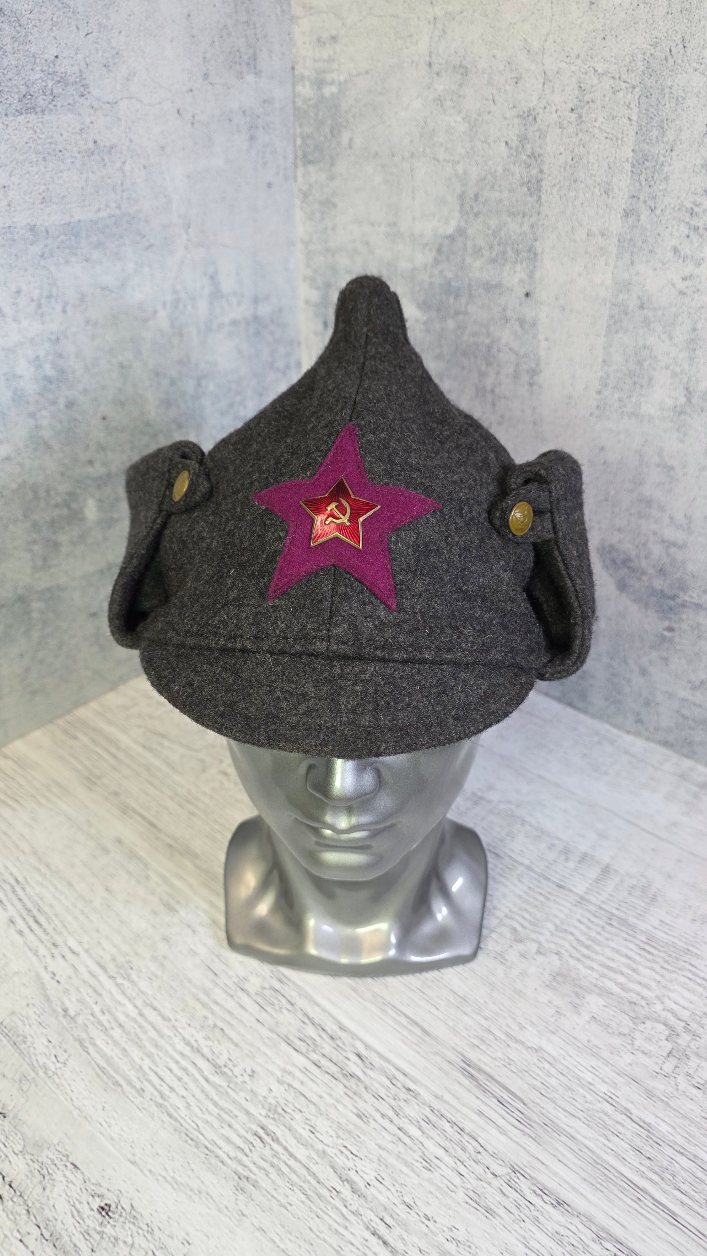 USSR Brown Budenovka Cap Vintage Soviet Winter Wool Helmet Hat