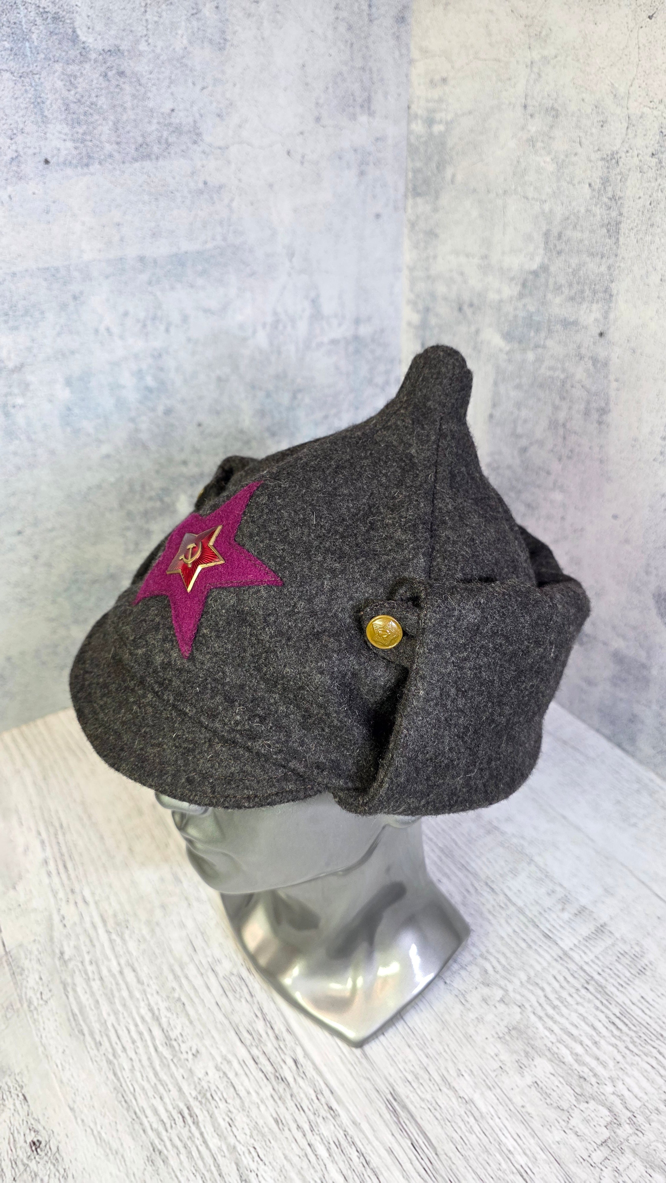 USSR Brown Budenovka Cap Vintage Soviet Winter Wool Helmet Hat