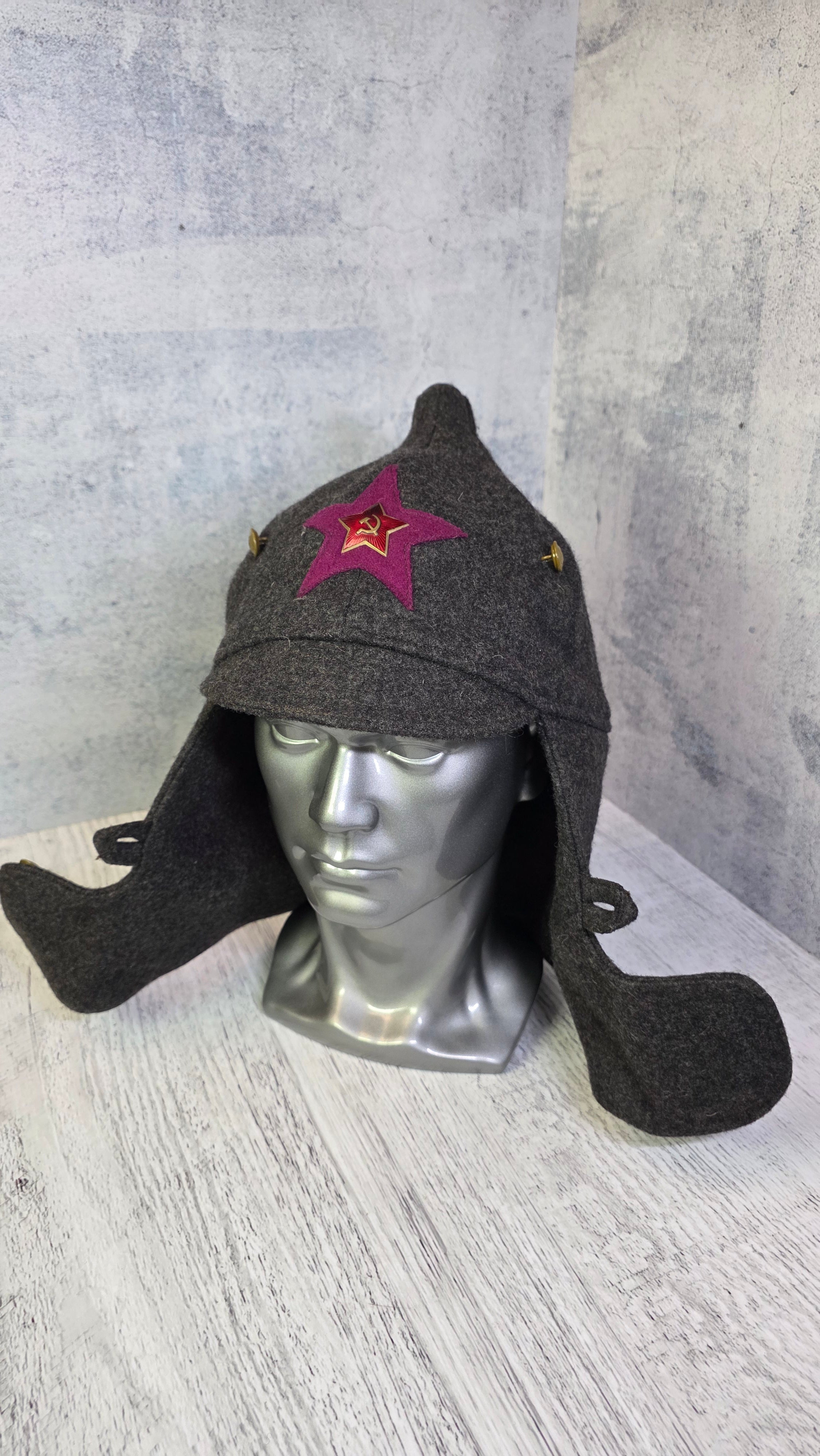 USSR Brown Budenovka Cap Vintage Soviet Winter Wool Helmet Hat