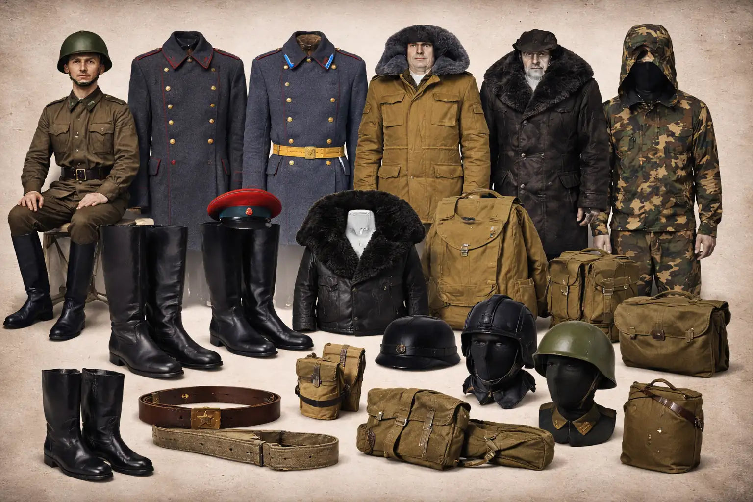 Military gear display featuring a variety of uniforms, boots, helmets, and bags in earthy tones like olive green, brown, black, and khaki.