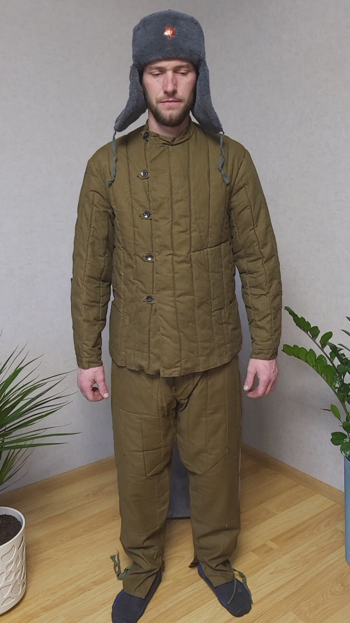 Vintage Soviet M43 Telogreika Winter Set USSR Quilted Jacket Pants Ushanka Hat