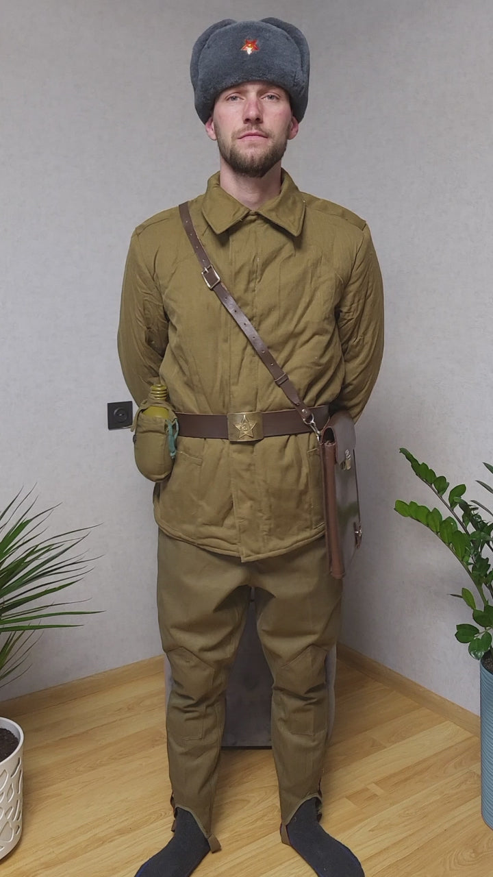 Vintage Soviet RKKA Soldier Bushlat Jacket Set USSR With Ushanka Belt Flask