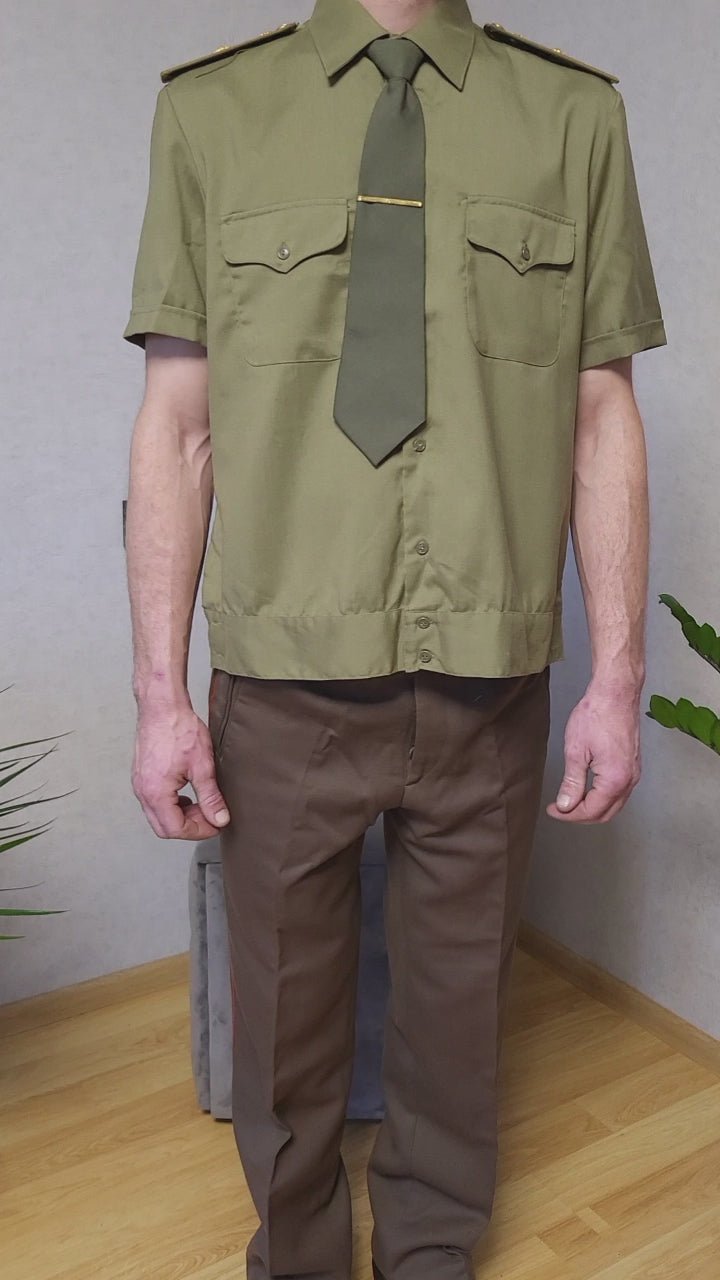 Authentic Vintage Soviet Khaki Dress Shirt Short Sleeve Set with Tie