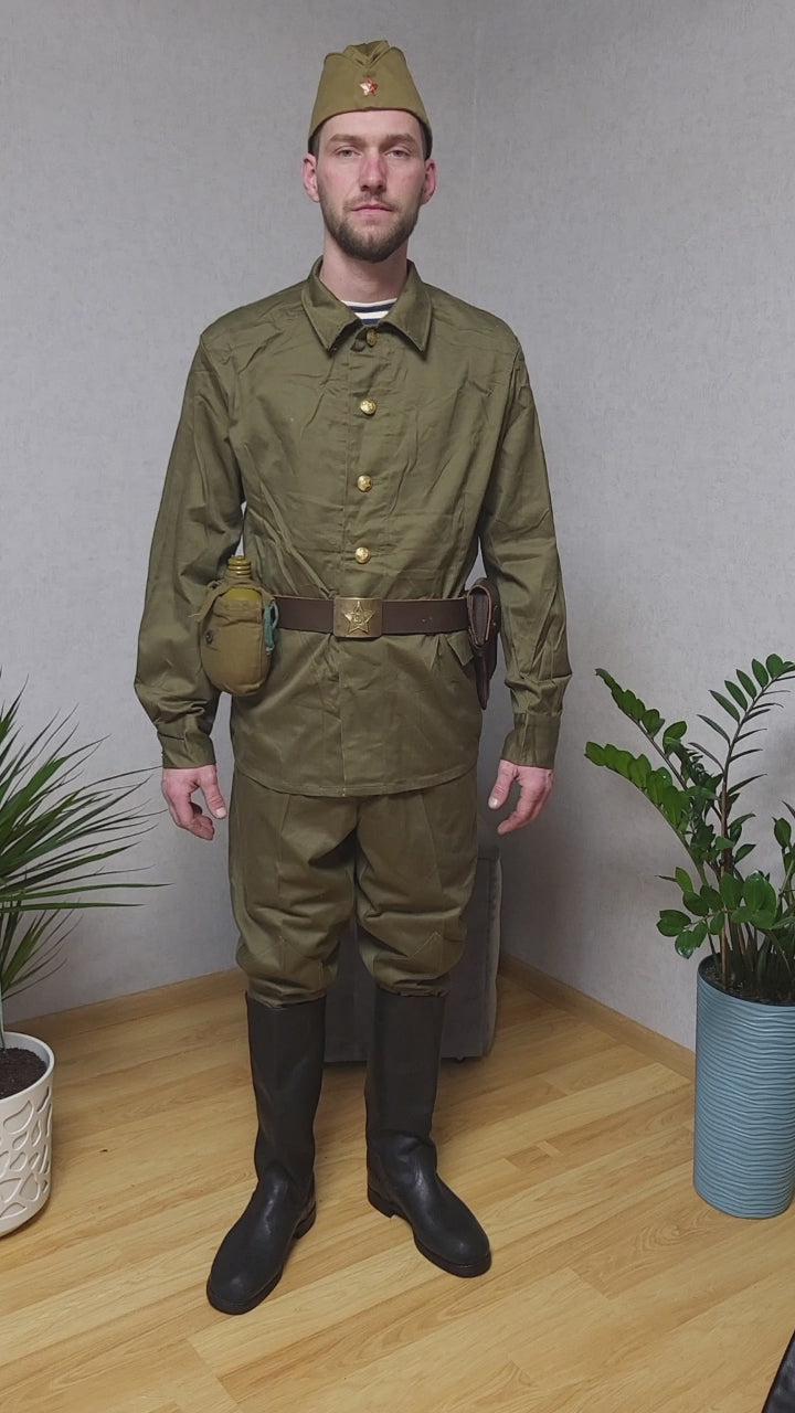 Authentic USSR M69 Soldier Uniform Set Gymnasterka Pants Pilotka Belt Holster Flask