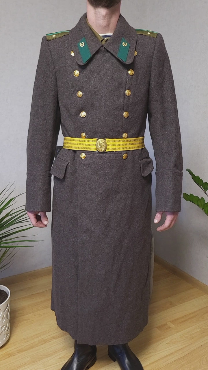 Vintage Soviet Border Guard Brown Wool Overcoat USSR Coat With Shoulder Boards