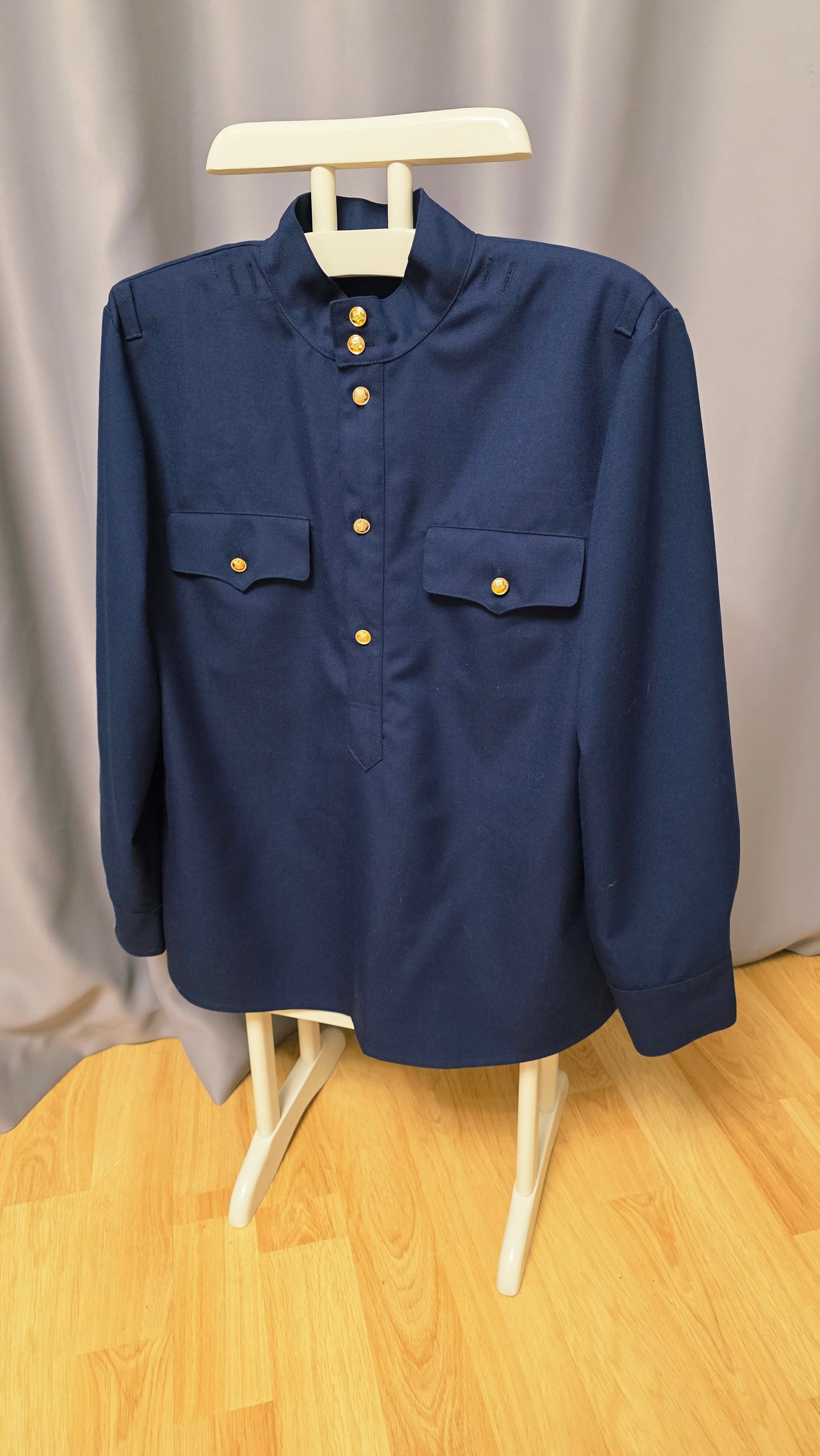 Soviet Blue Gymnastyorka Tunic Wool Blend USSR Vintage Stand Collar Shirt