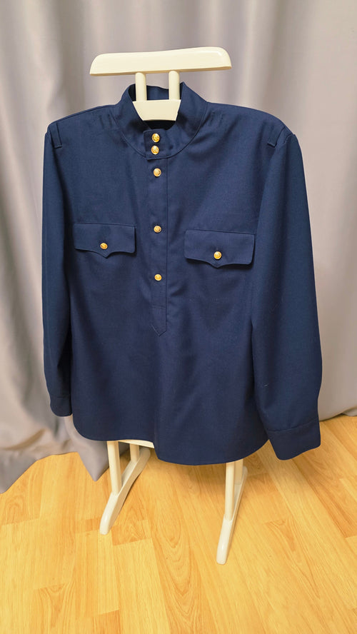 Soviet Blue Gymnastyorka Tunic Wool Blend USSR Vintage Stand Collar Shirt