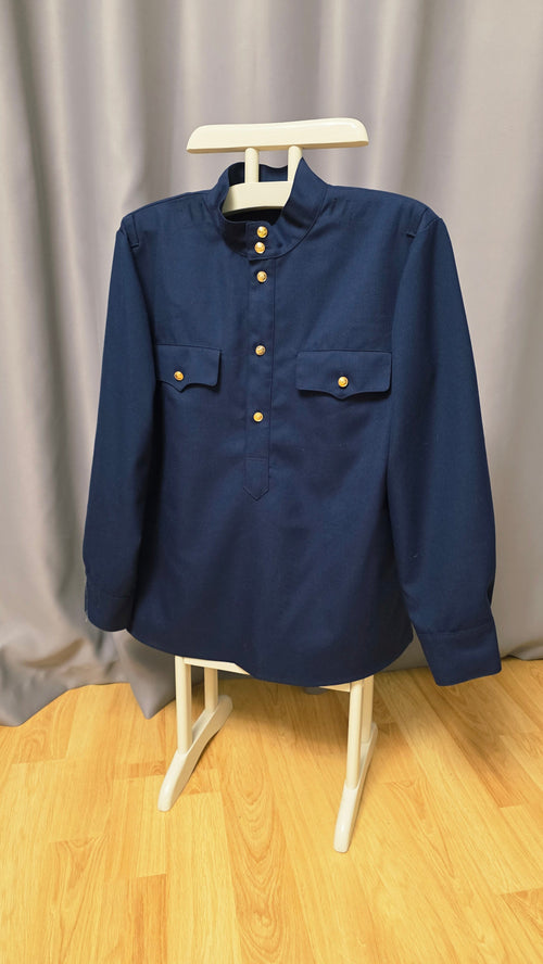 Soviet Blue Gymnastyorka Tunic Wool Blend USSR Vintage Stand Collar Shirt