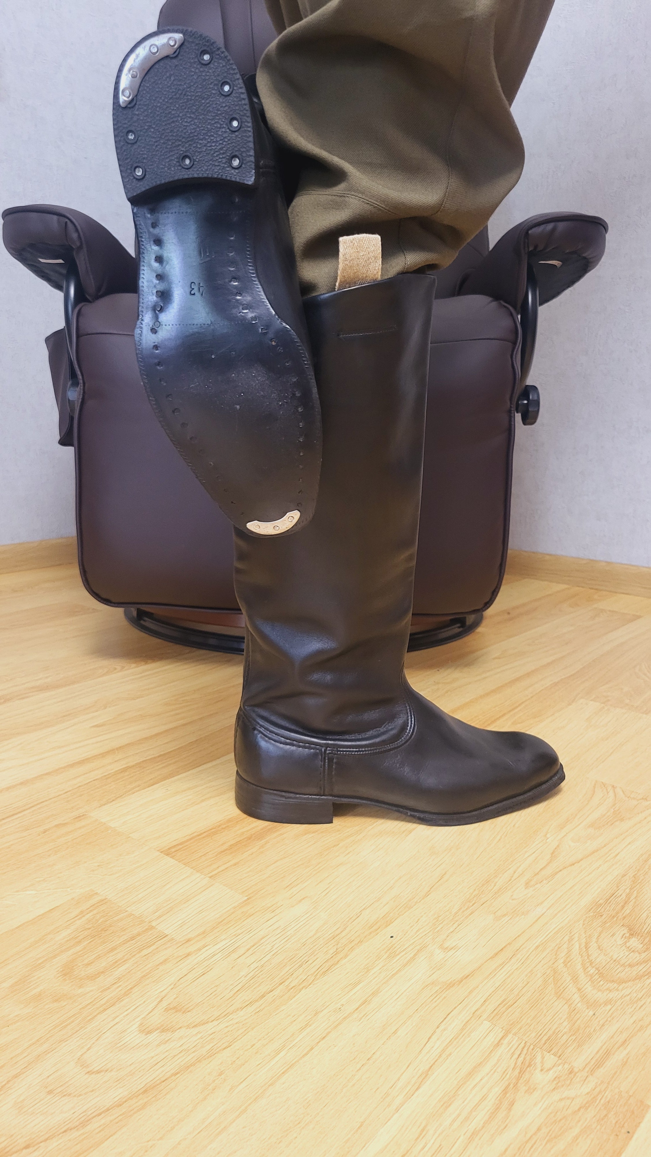Soviet Chrome Leather Tall Boots with Metal Heel Plates