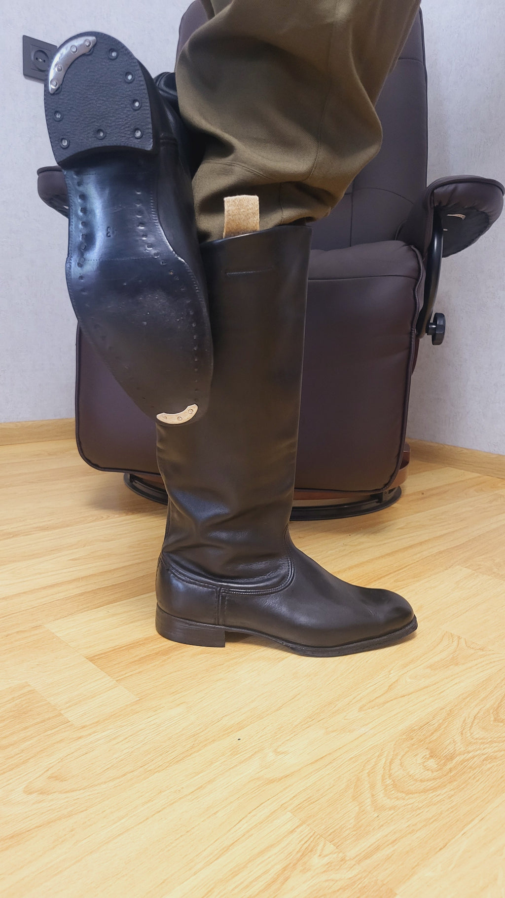 Soviet Chrome Leather Tall Boots with Metal Heel Plates