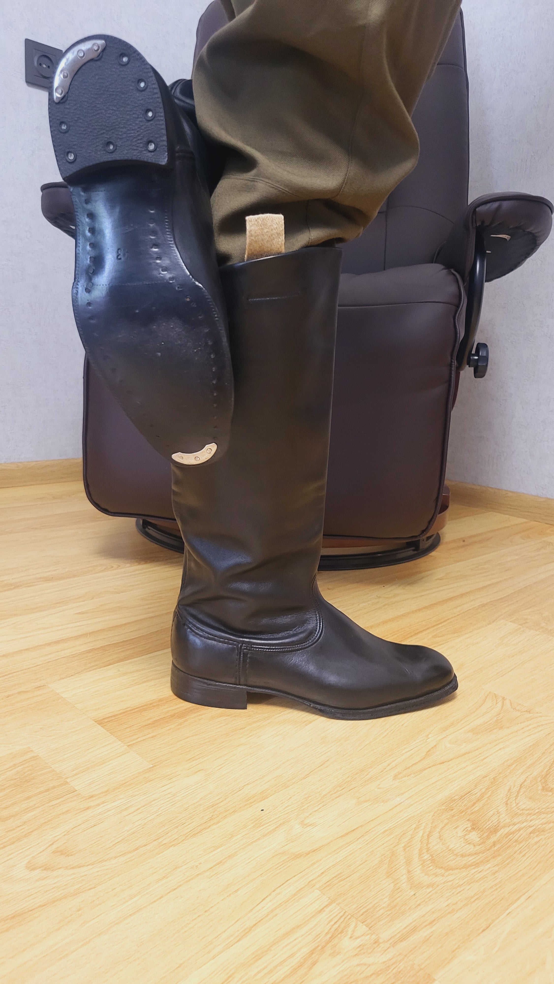 Soviet Chrome Leather Tall Boots with Metal Heel Plates
