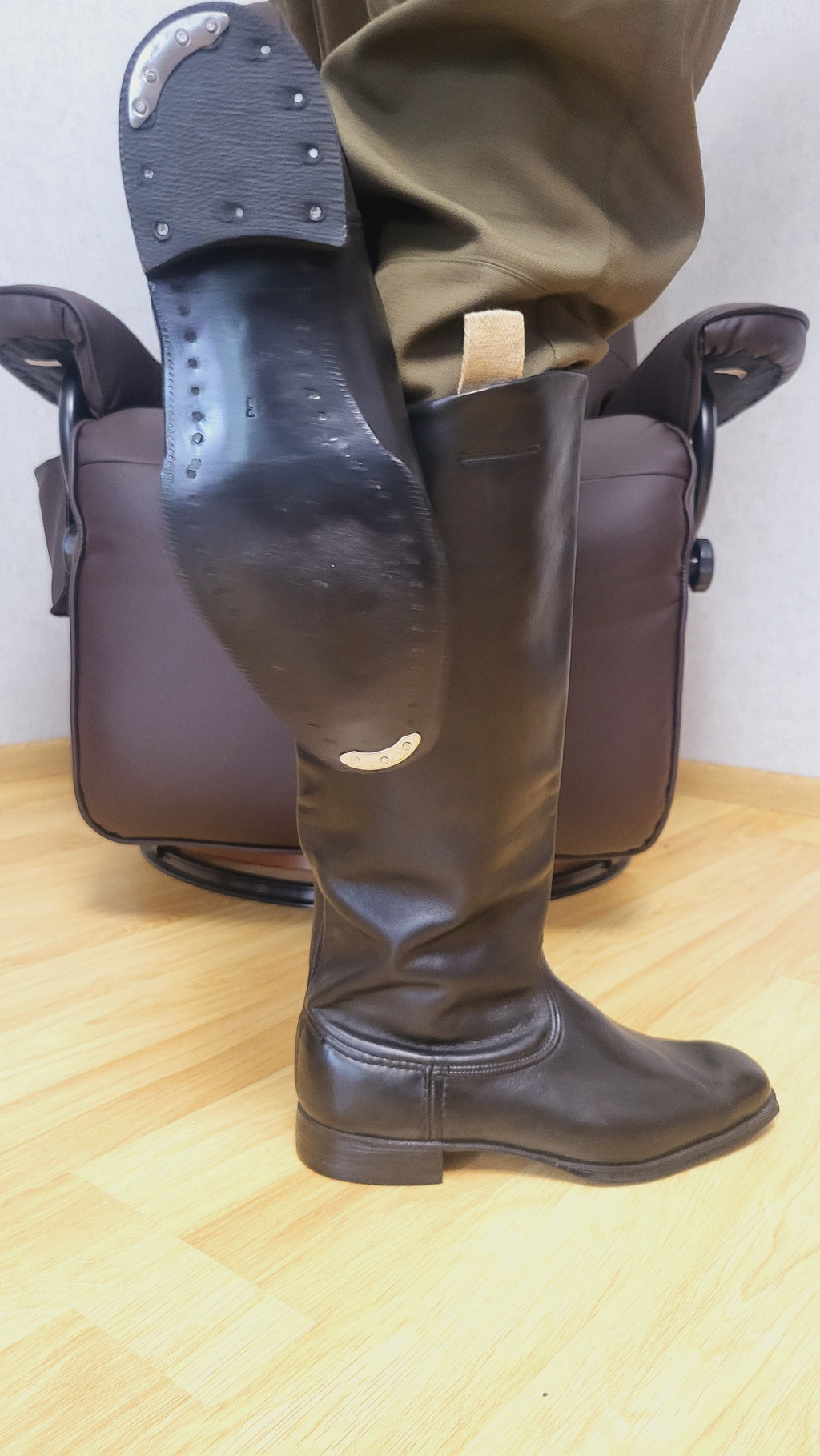 Soviet Chrome Leather Tall Boots with Metal Heel Plates
