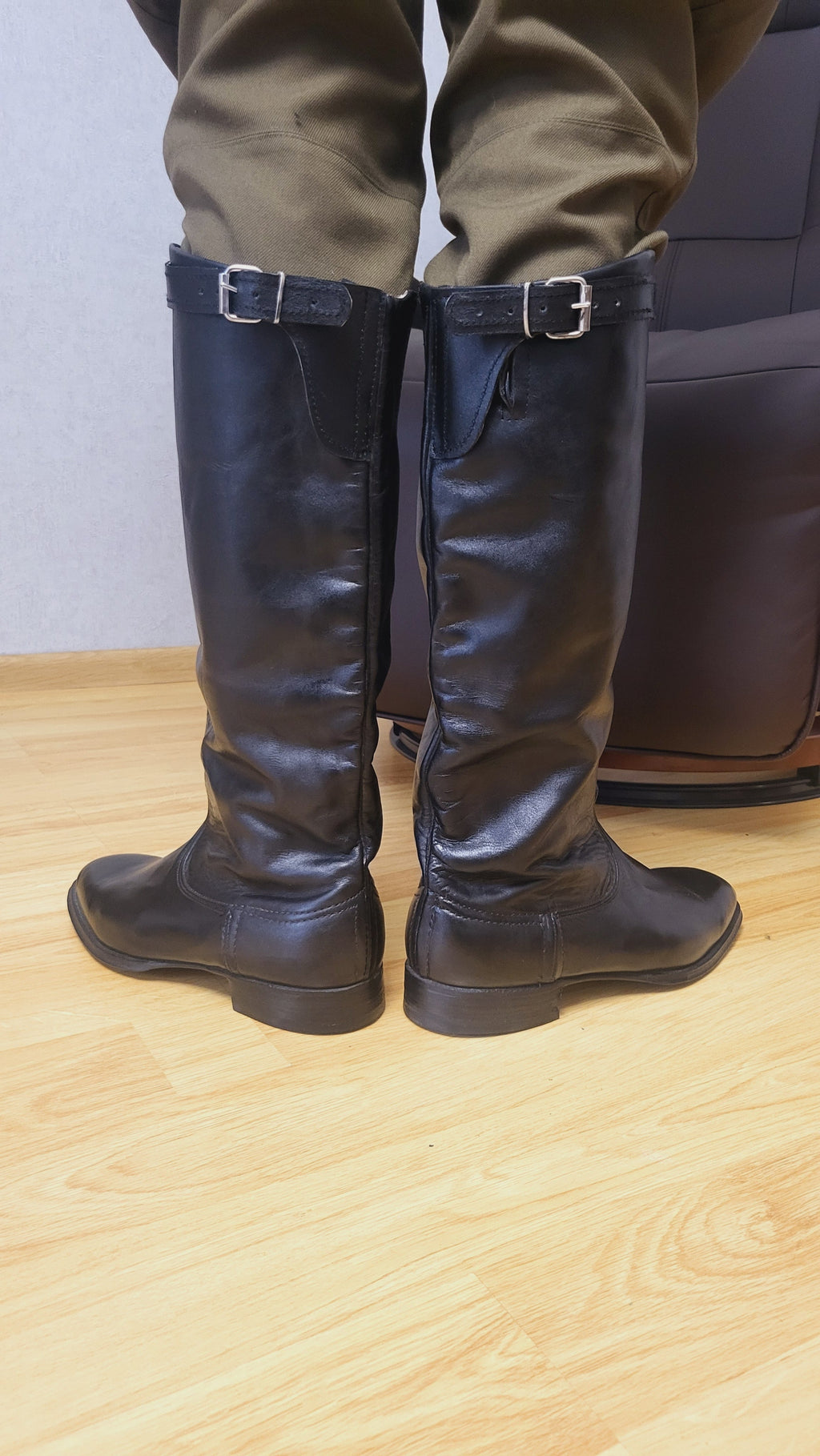 Original Soviet Chrome Leather Tall Boots with Side Buckle