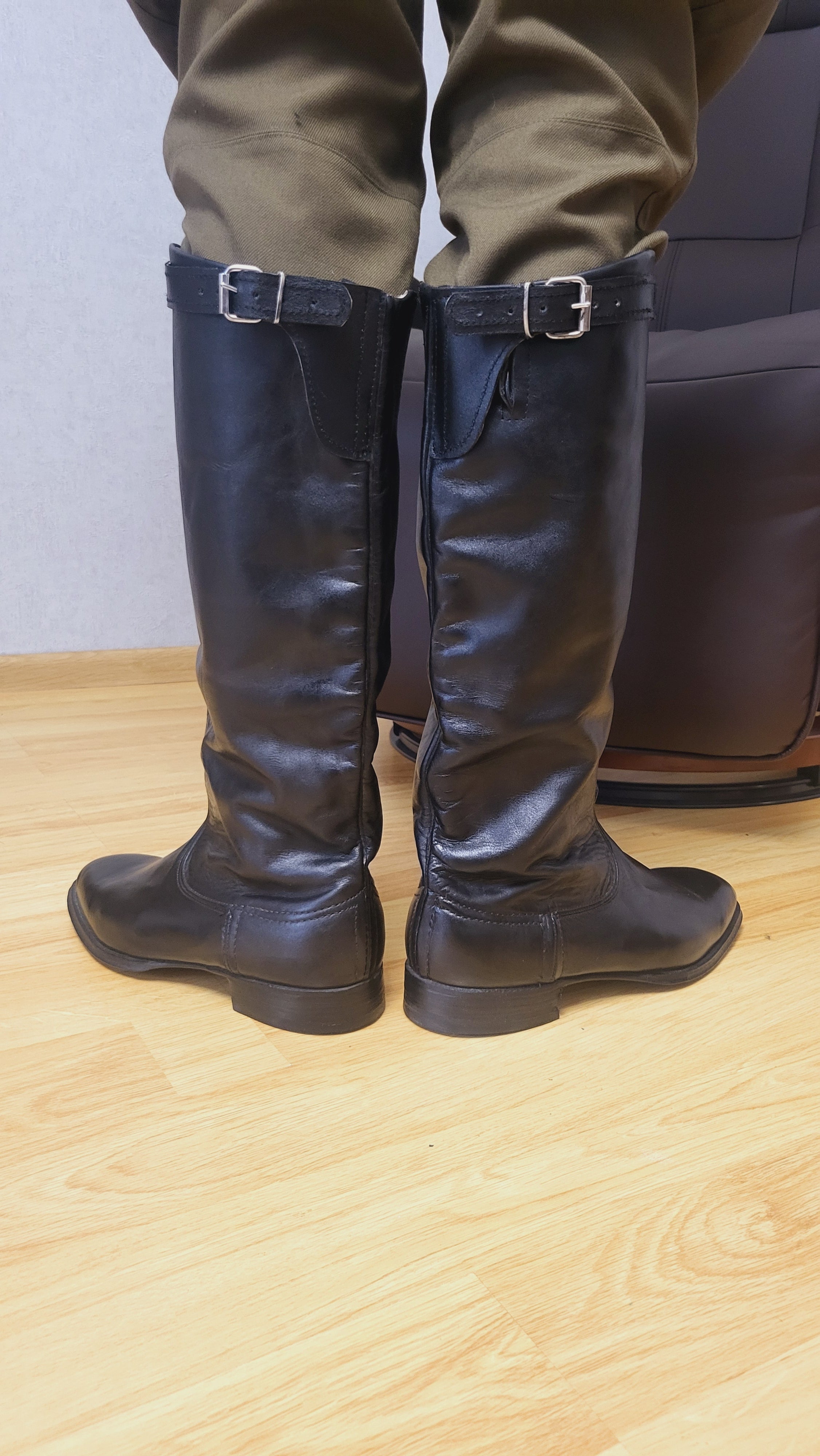 Original Soviet Chrome Leather Tall Boots with Side Buckle