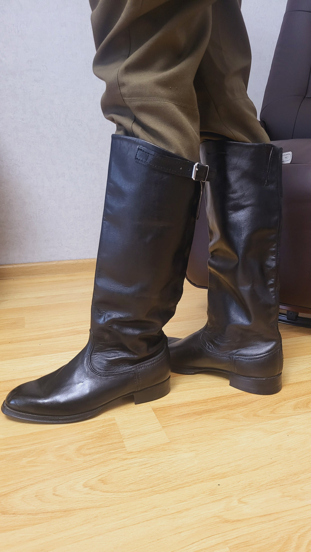 Original Soviet Chrome Leather Tall Boots with Side Buckle