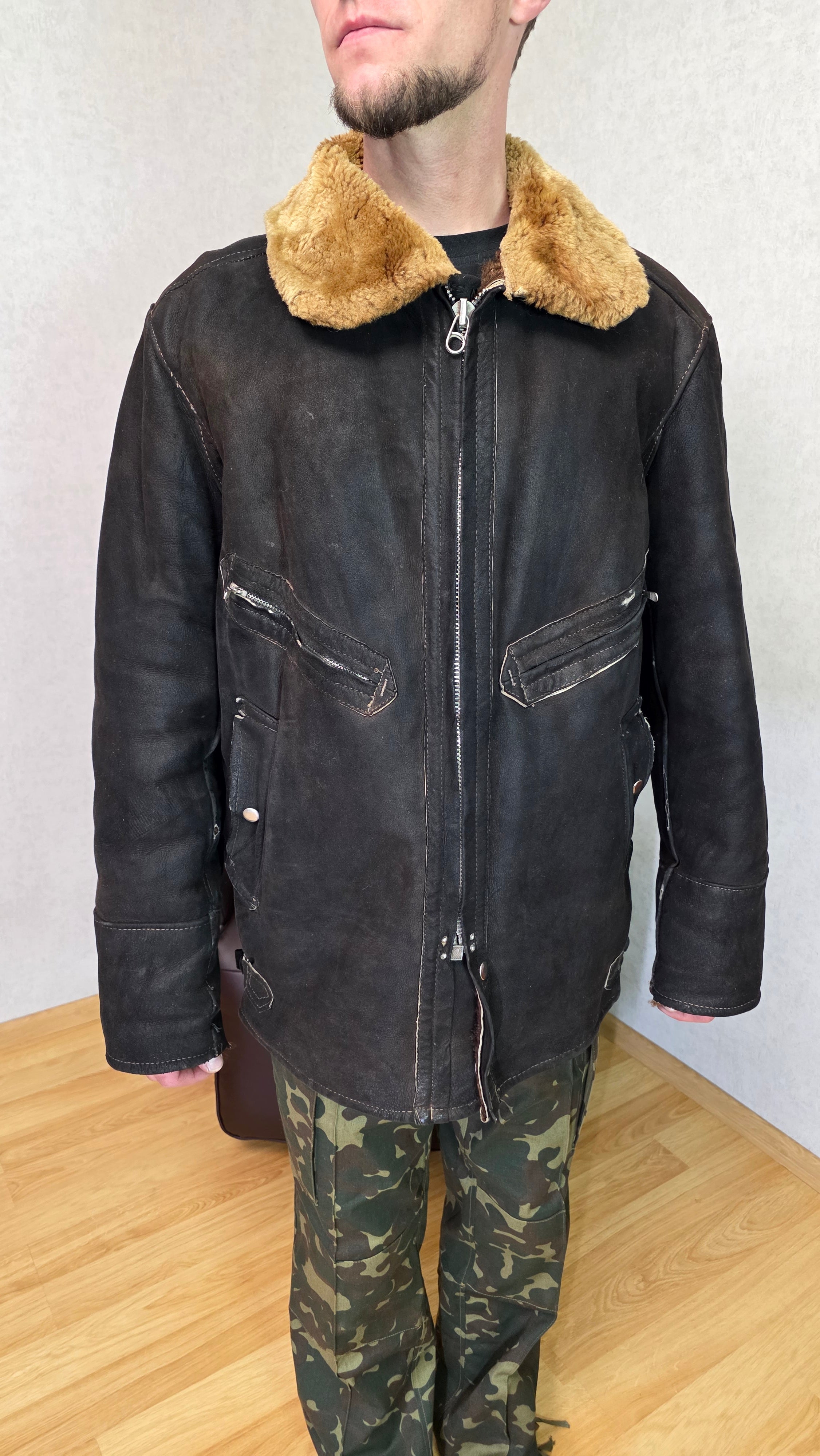 Soviet USSR Air Force Sheepskin Flight Jacket Winter Pilot Coat Vintage