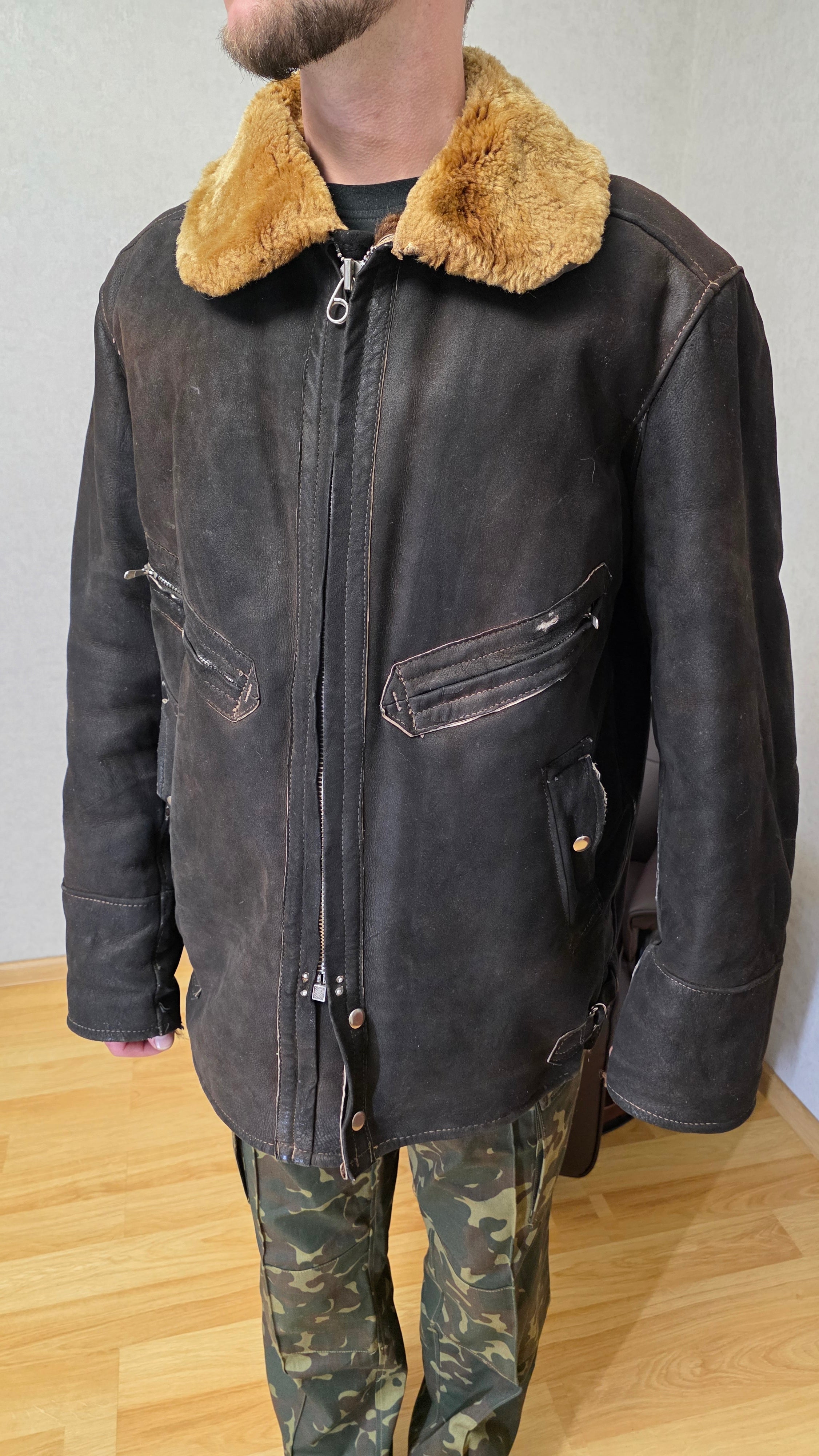 Soviet USSR Air Force Sheepskin Flight Jacket Winter Pilot Coat Vintage