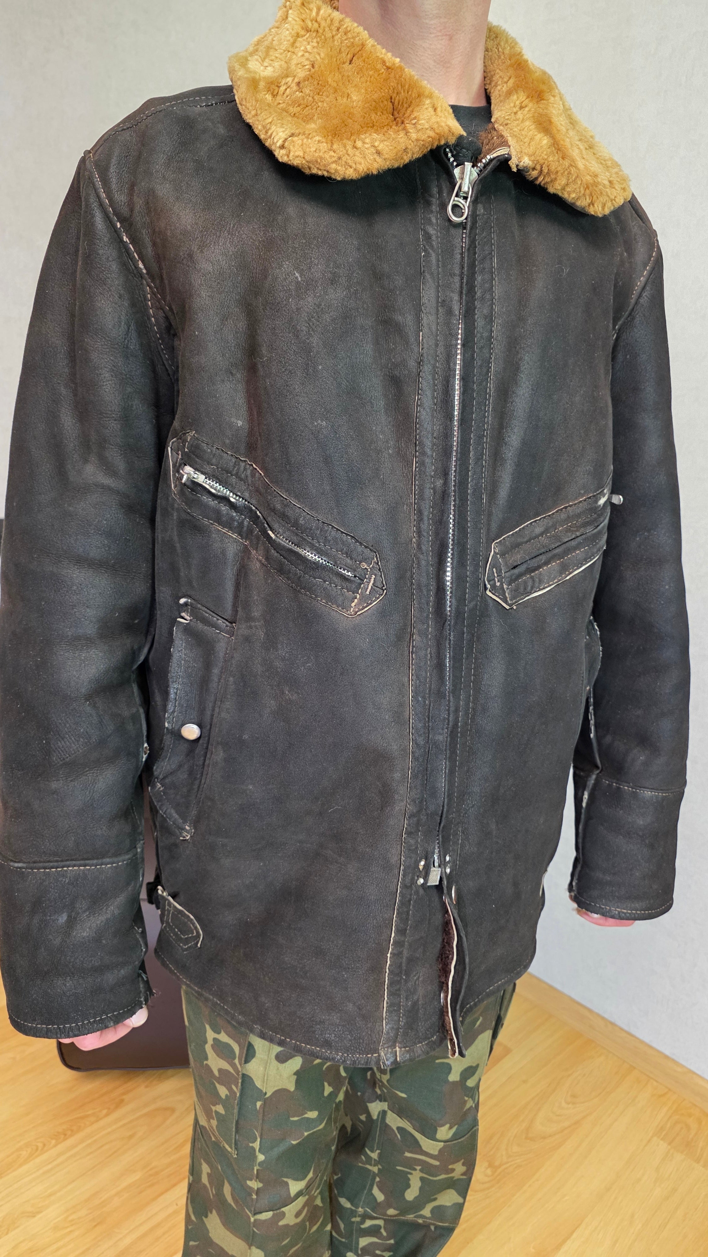 Soviet USSR Air Force Sheepskin Flight Jacket Winter Pilot Coat Vintage